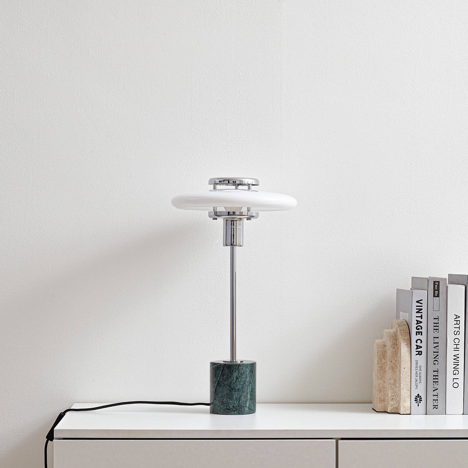 Lampa stołowa Lindby Branford, 46 cm, biała/zielona, szkło/marmur