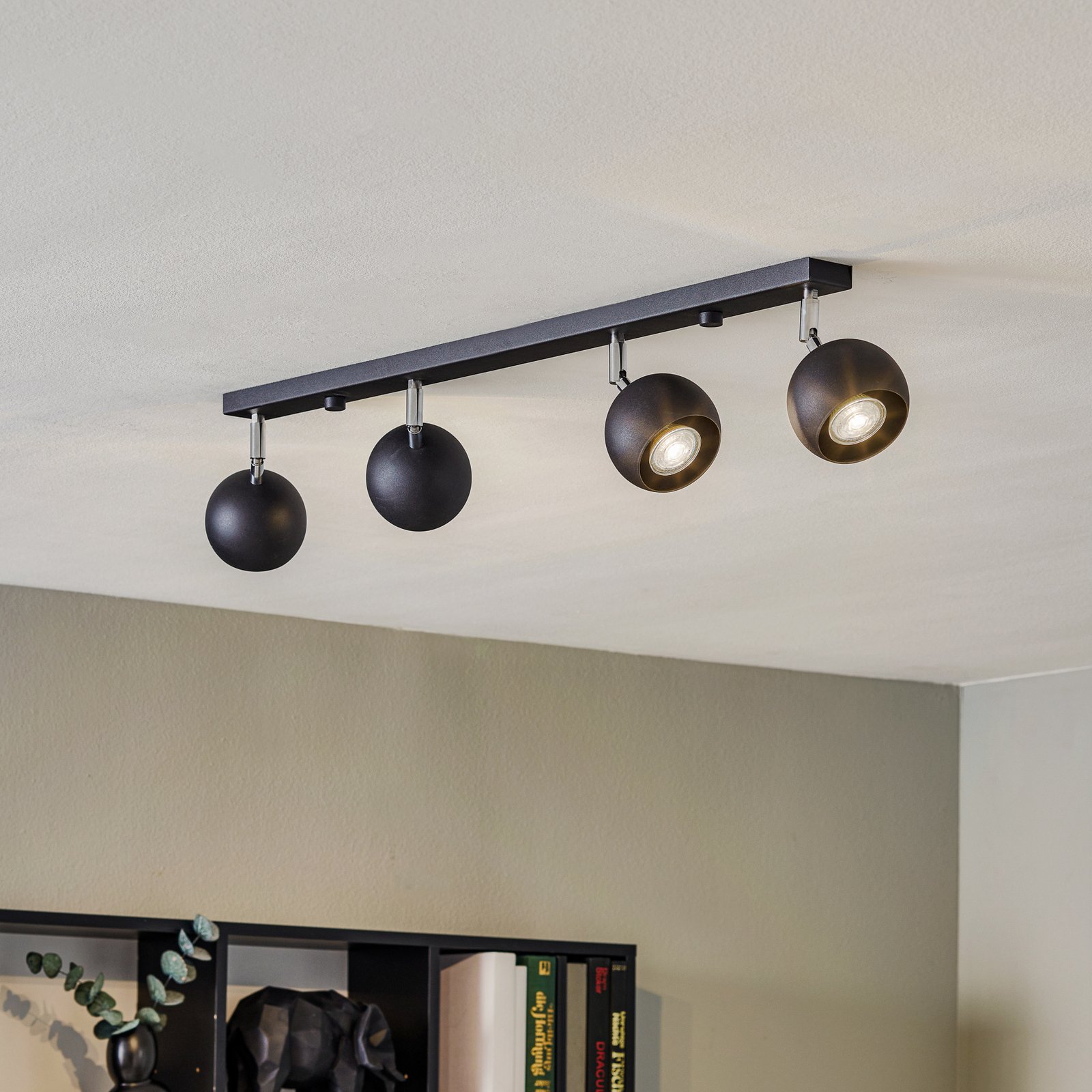 Flame ceiling spotlight, black, four-bulb