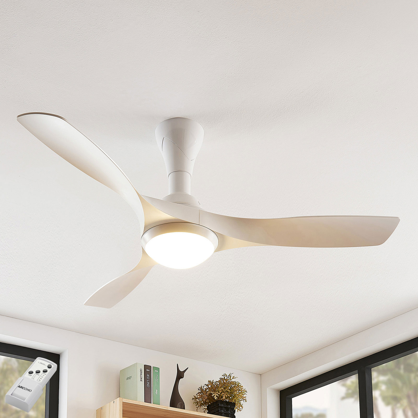 Arcchio Borga LED ceiling fan, 3 blades, white, for Living / Dining Room, plastic, steel, 15 W, energy efficiency: A++, H: 44.5 cm