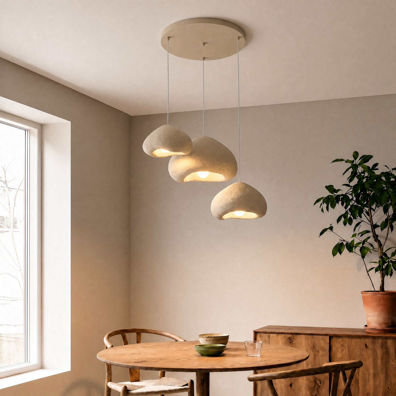 Lampada a sospensione Lora, beige, Ø 82 cm, a 3 luci, fibra di vetro, E27