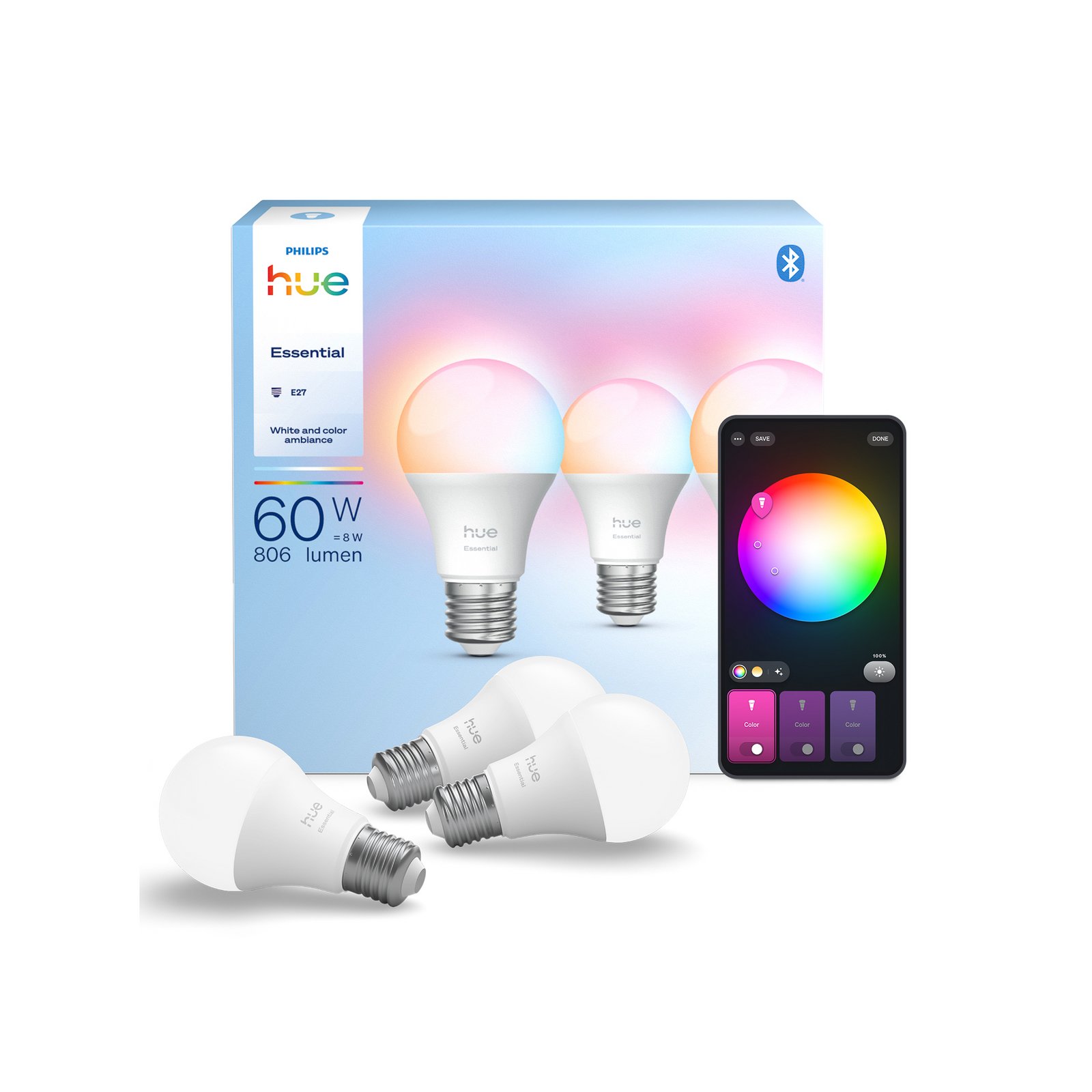 Ampoule LED intelligente Philips Hue E27 A60, 8 W, RVB CCT, lot de 3
