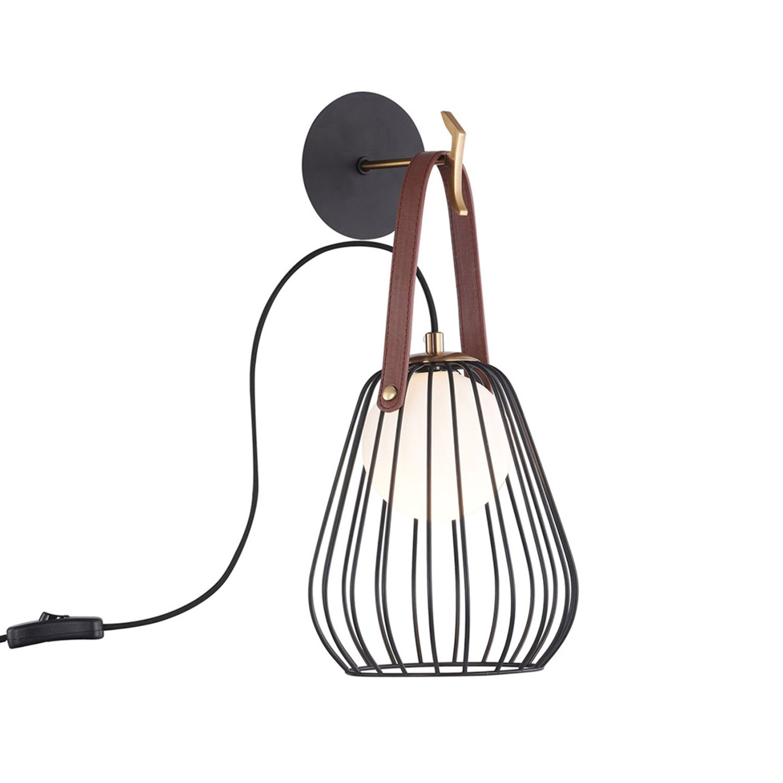 Maytoni Indiana - cage wall light, black, for Living / Dining Room, metal, glass, leather, G9, 20 W, energy efficiency: A++, W: 18 cm, H: 41 cm