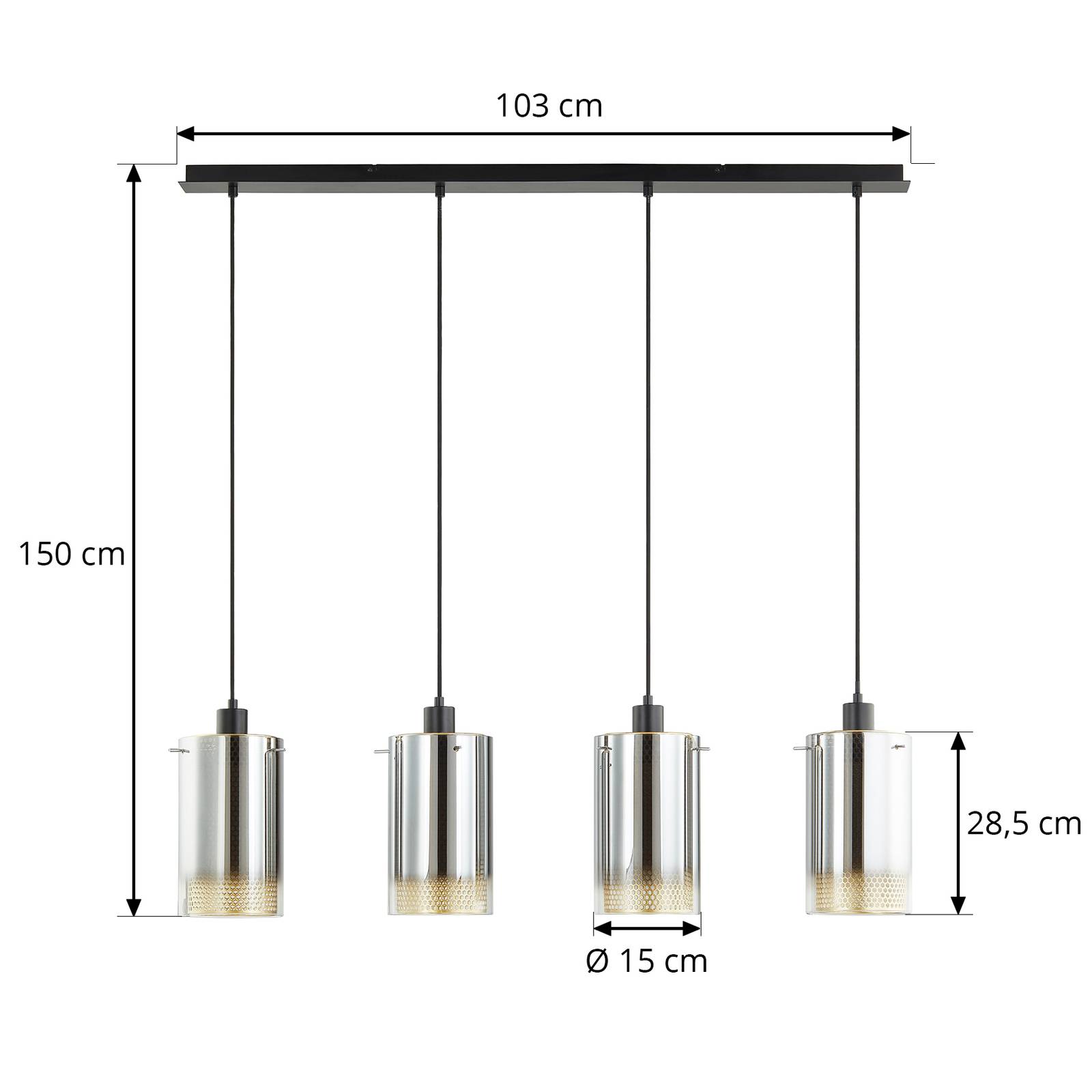 Lampa wisząca Lucande Sterzy, 105 cm długości, szara, szkło, 4-punktowa.