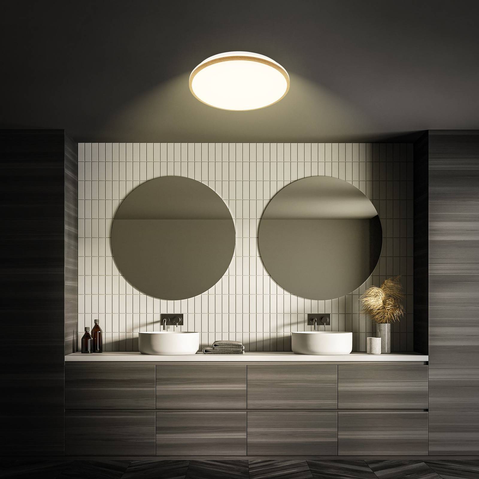 Lampa sufitowa LED Acorus, Ø 33 cm, biała/kolor drewna, IP44