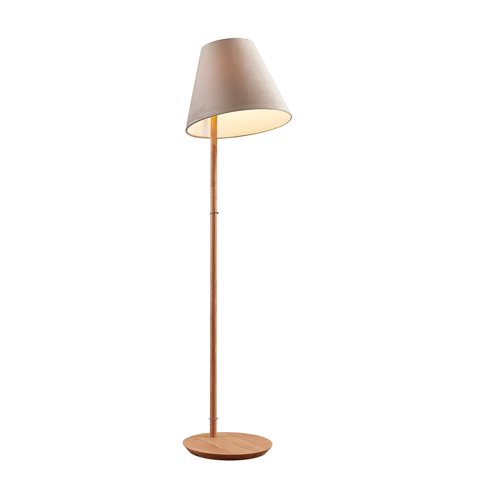 Lucande Jinda floor lamp, wooden frame grey velvet, for Living / Dining Room, wool felt, wood, E27, 60 W, W: 40 cm, H: 160 cm