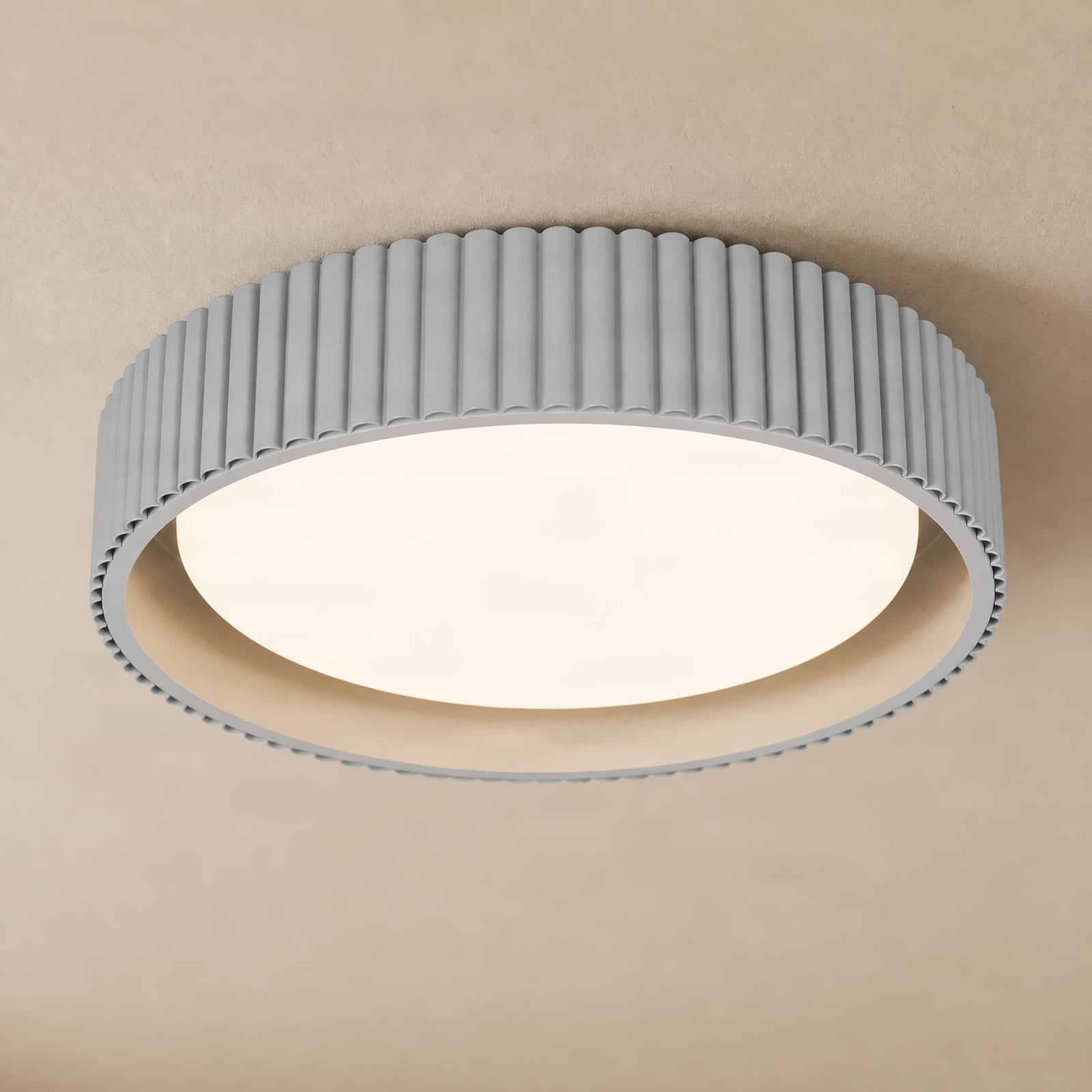 Plafonnier LED Lindby Colbie, gris nervuré, Ø 46 cm, à intensité variable.