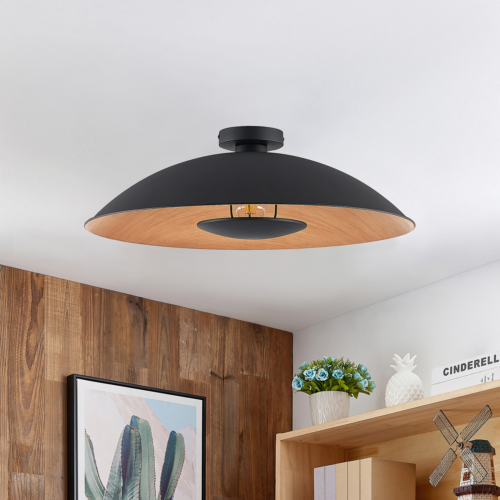 Lindby Entony plafondlamp, zwart, houtkleur
