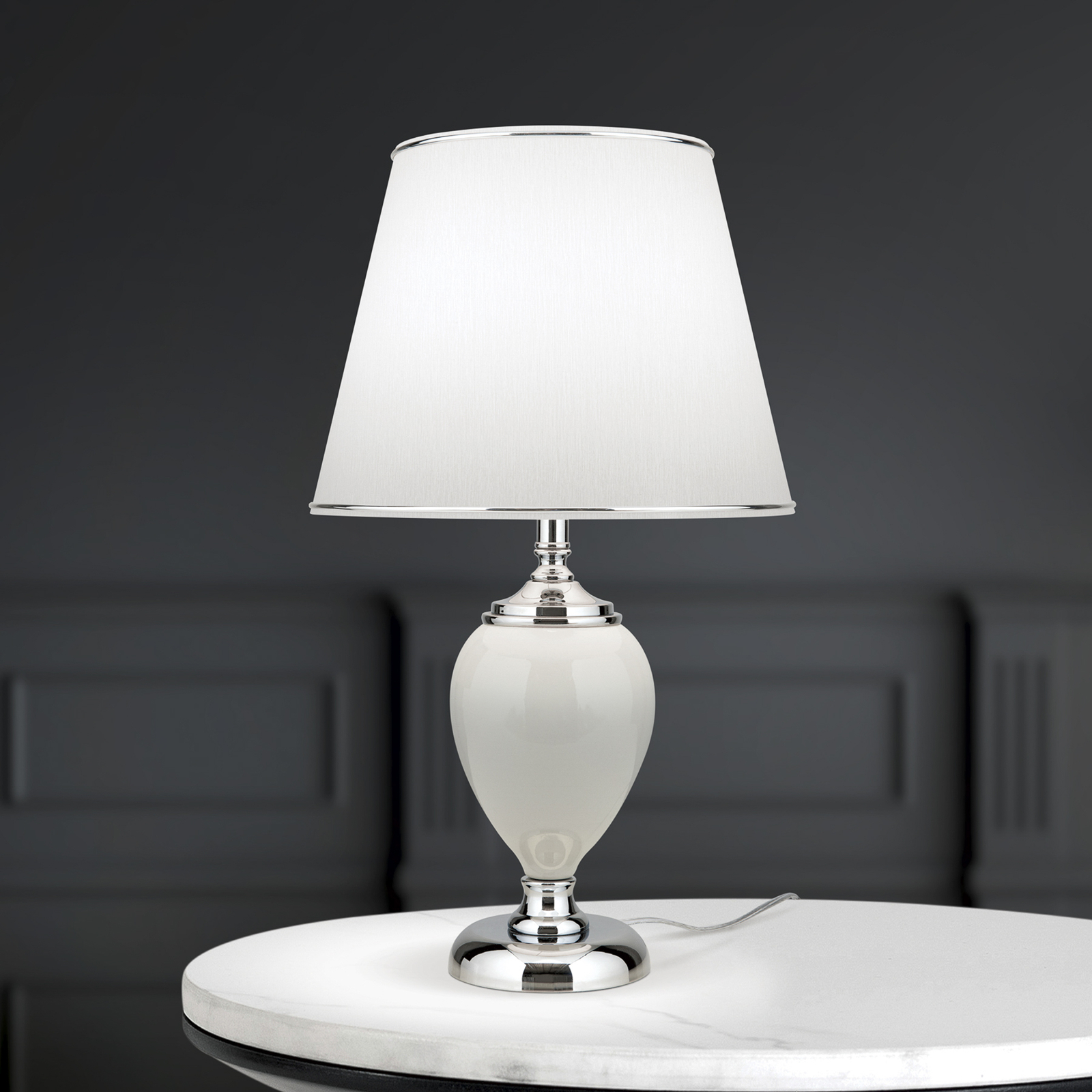 Ovum table lamp, white/chrome, height 48 cm, ceramic/chintz