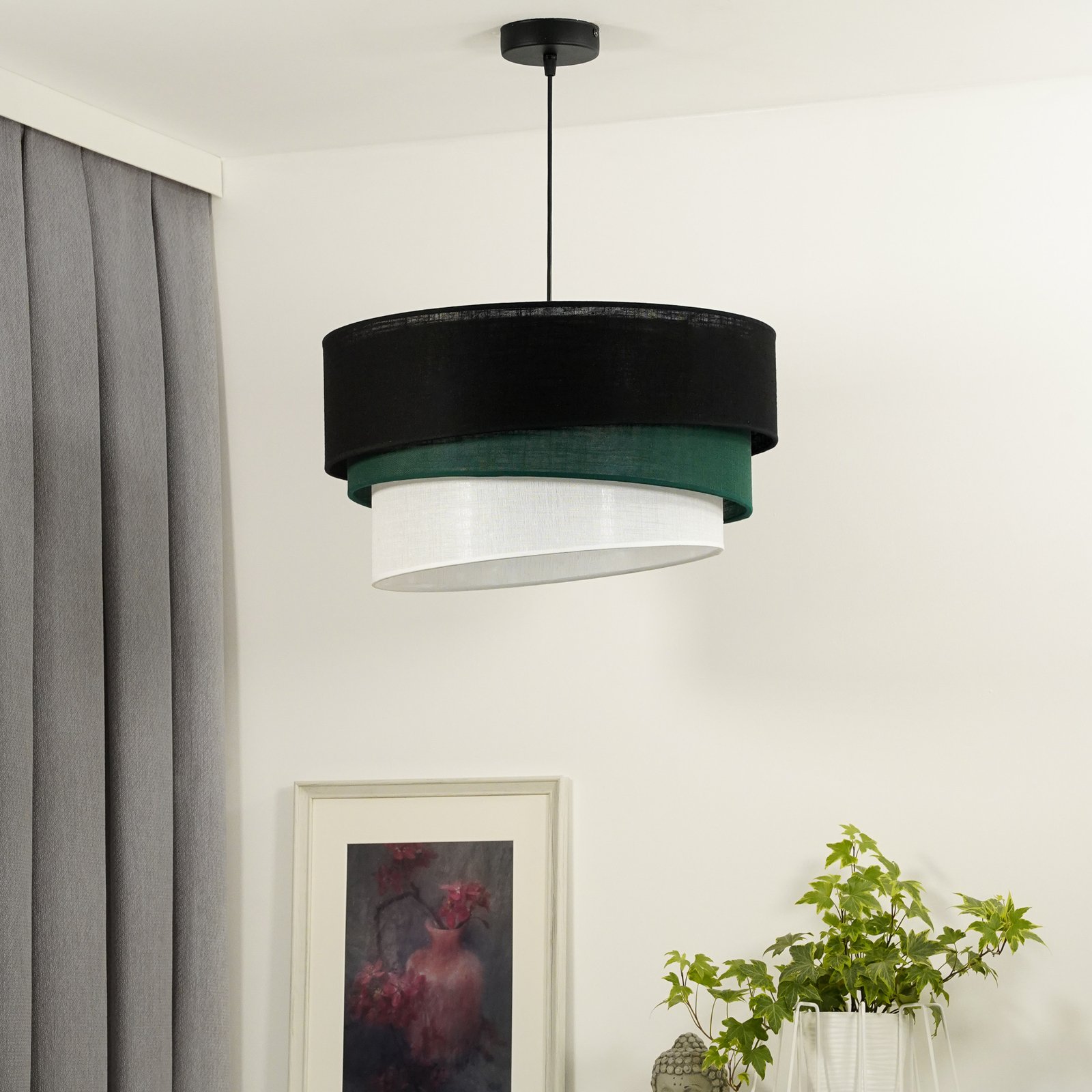 Hanglamp Euluna Trio, zwart/groen/wit, textiel, Ø 45 cm