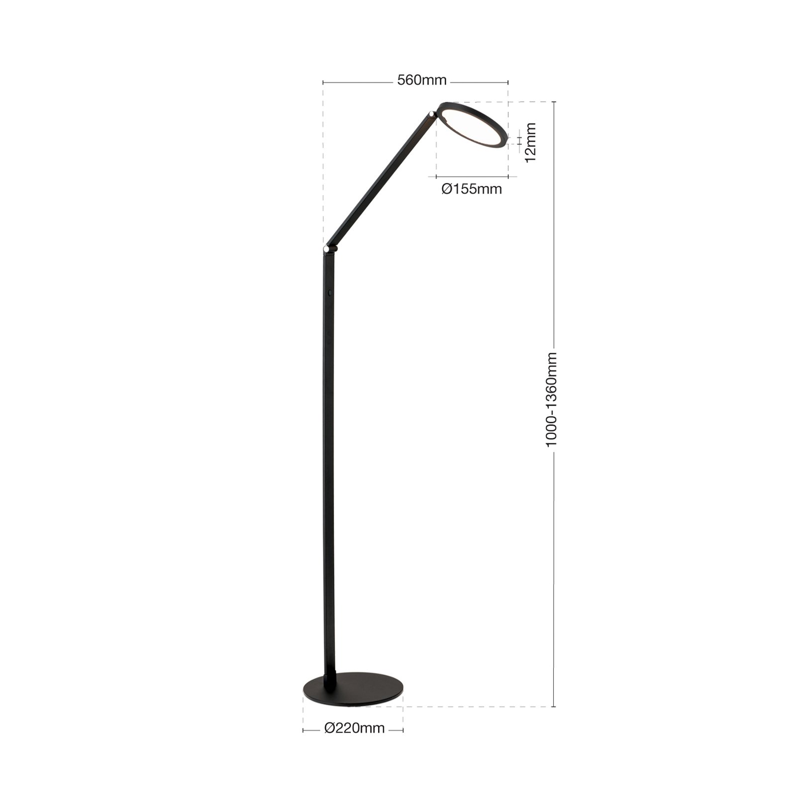 Lámpara de pie LED Fati, altura 136 cm, negro, aluminio, atenuador