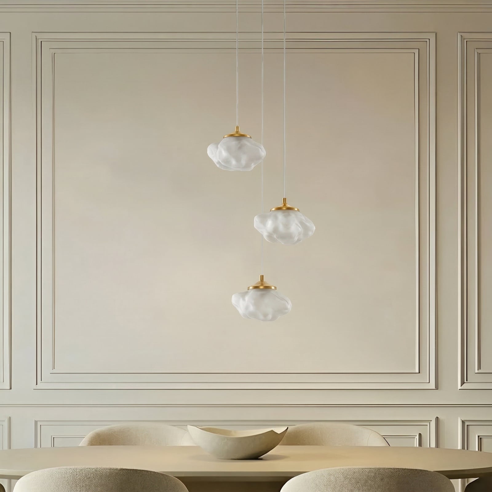 Piatra hanglamp, opaal/messing, 3-lamps, Ø25cm, glas - Lindby