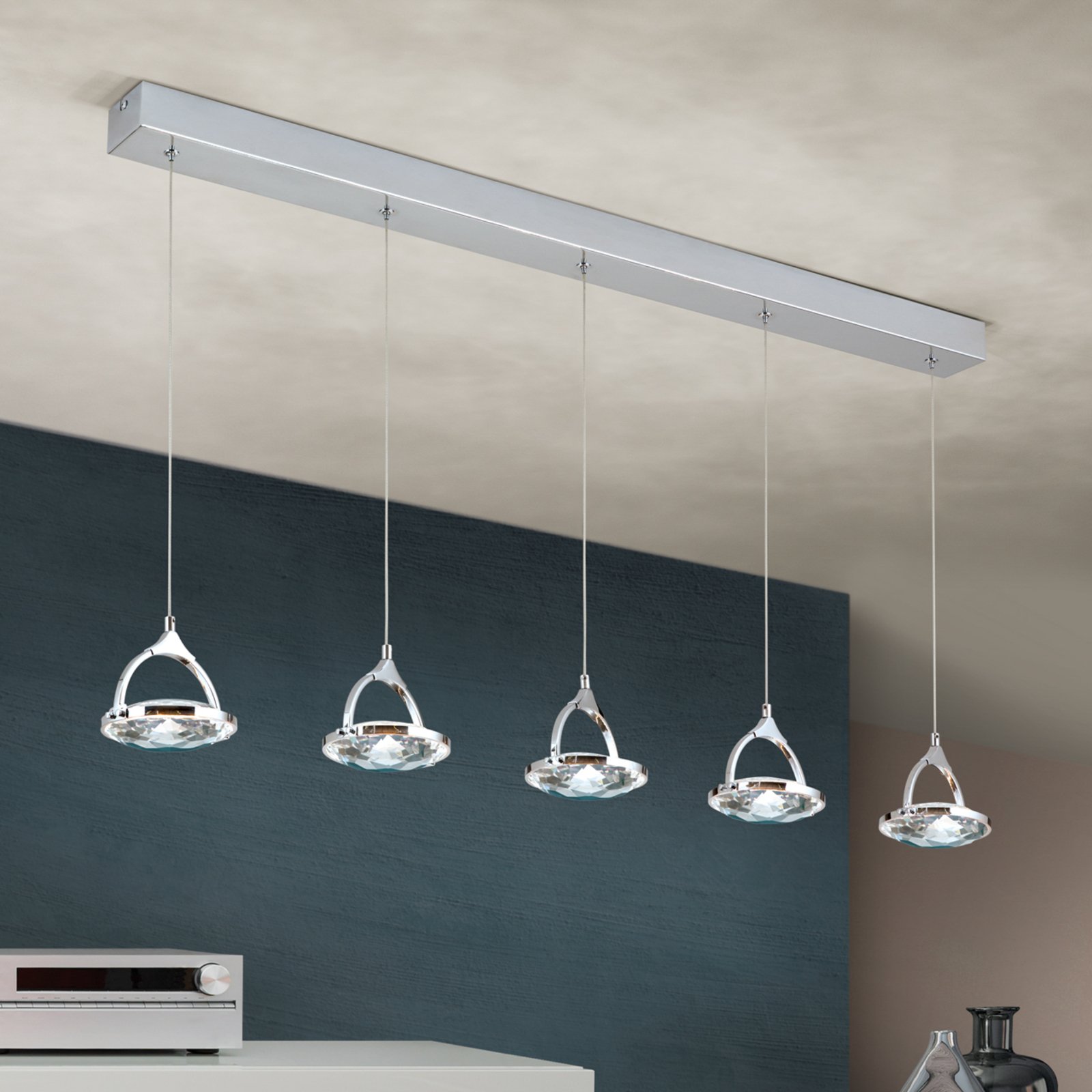 Moon LED linear pendant, K9 crystal glass, 5-bulb