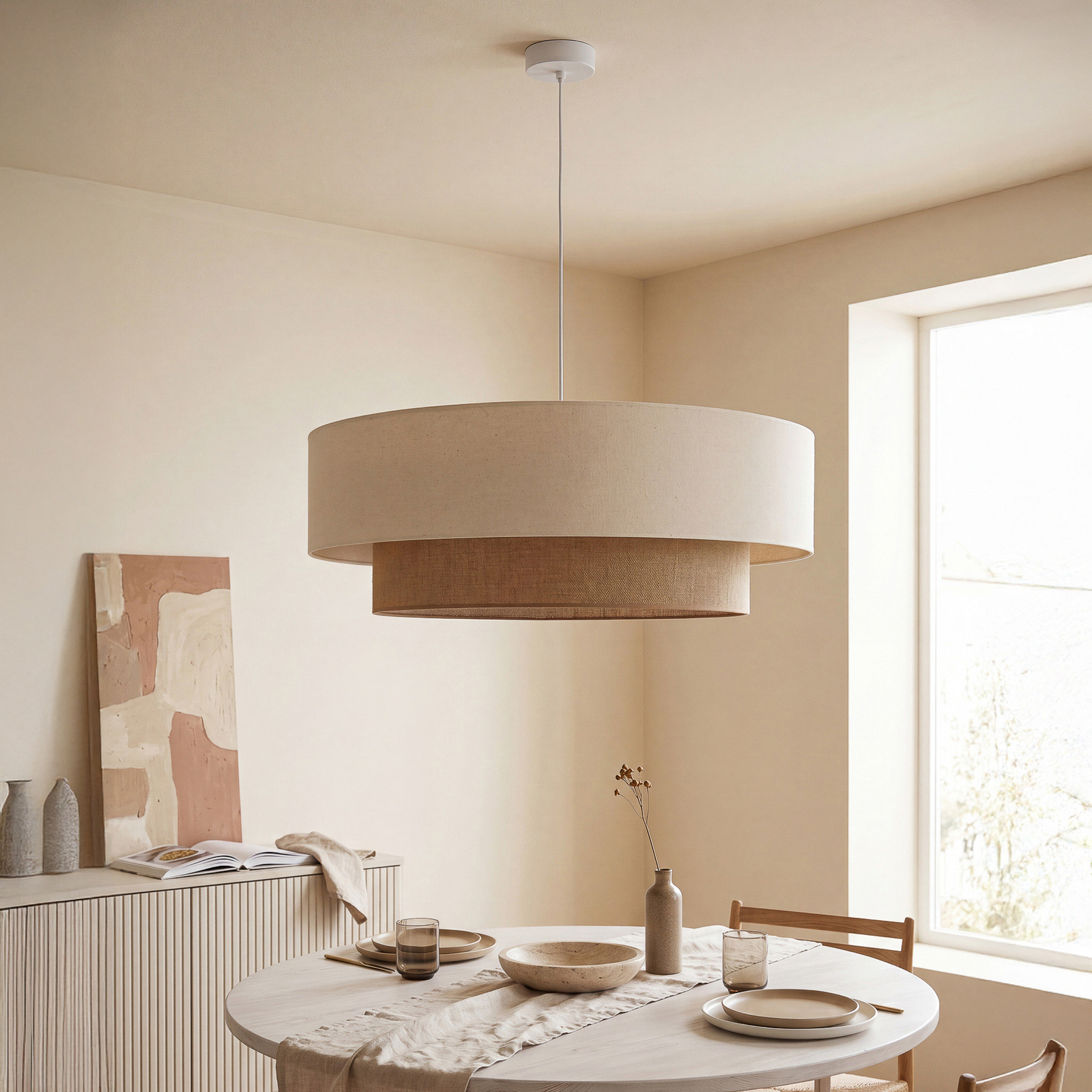 Viseča svetilka Boho, bež/juta, Ø 80 cm, tekstil, E27