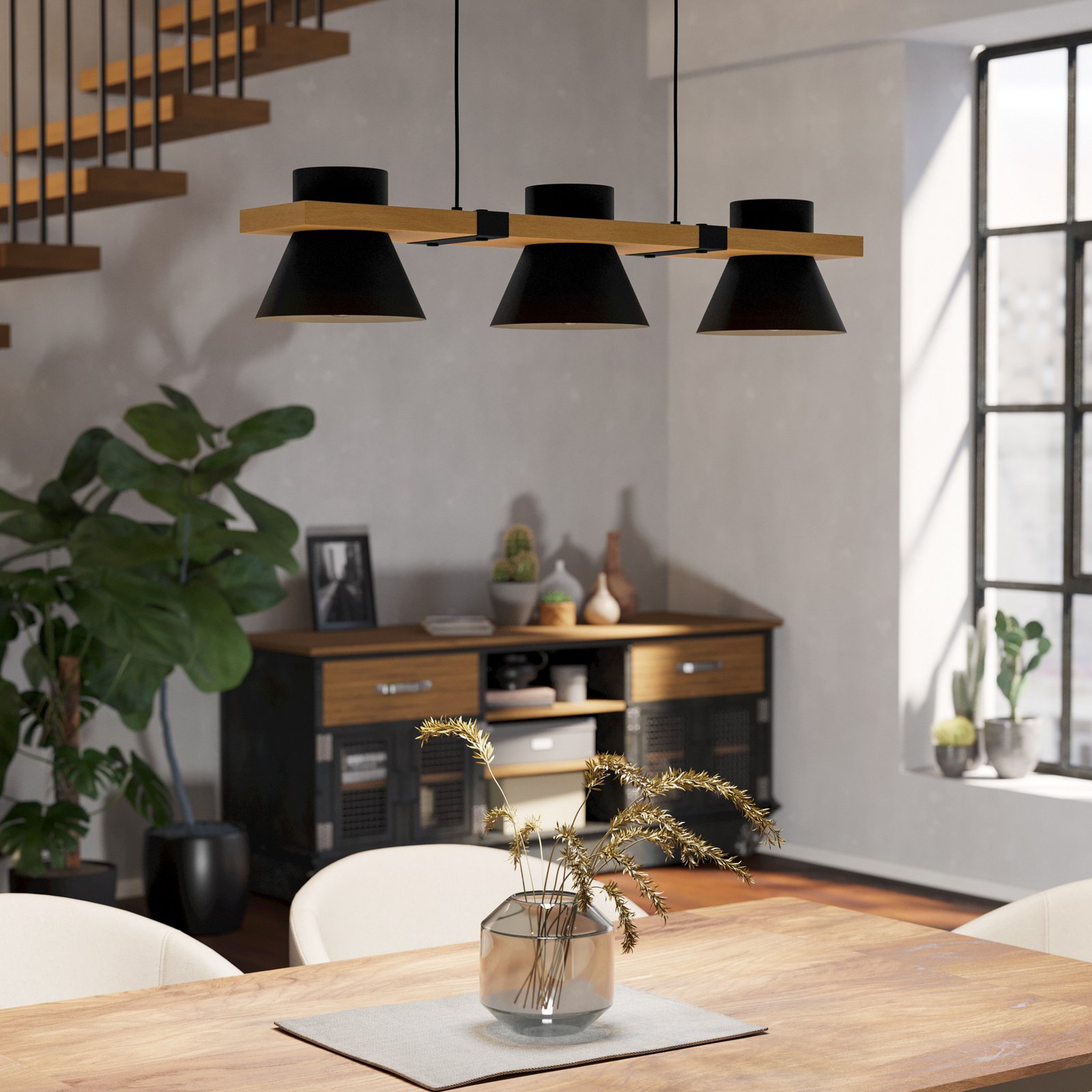 Závesné svietidlo Maccles v čiernej s drevom 3-pl.