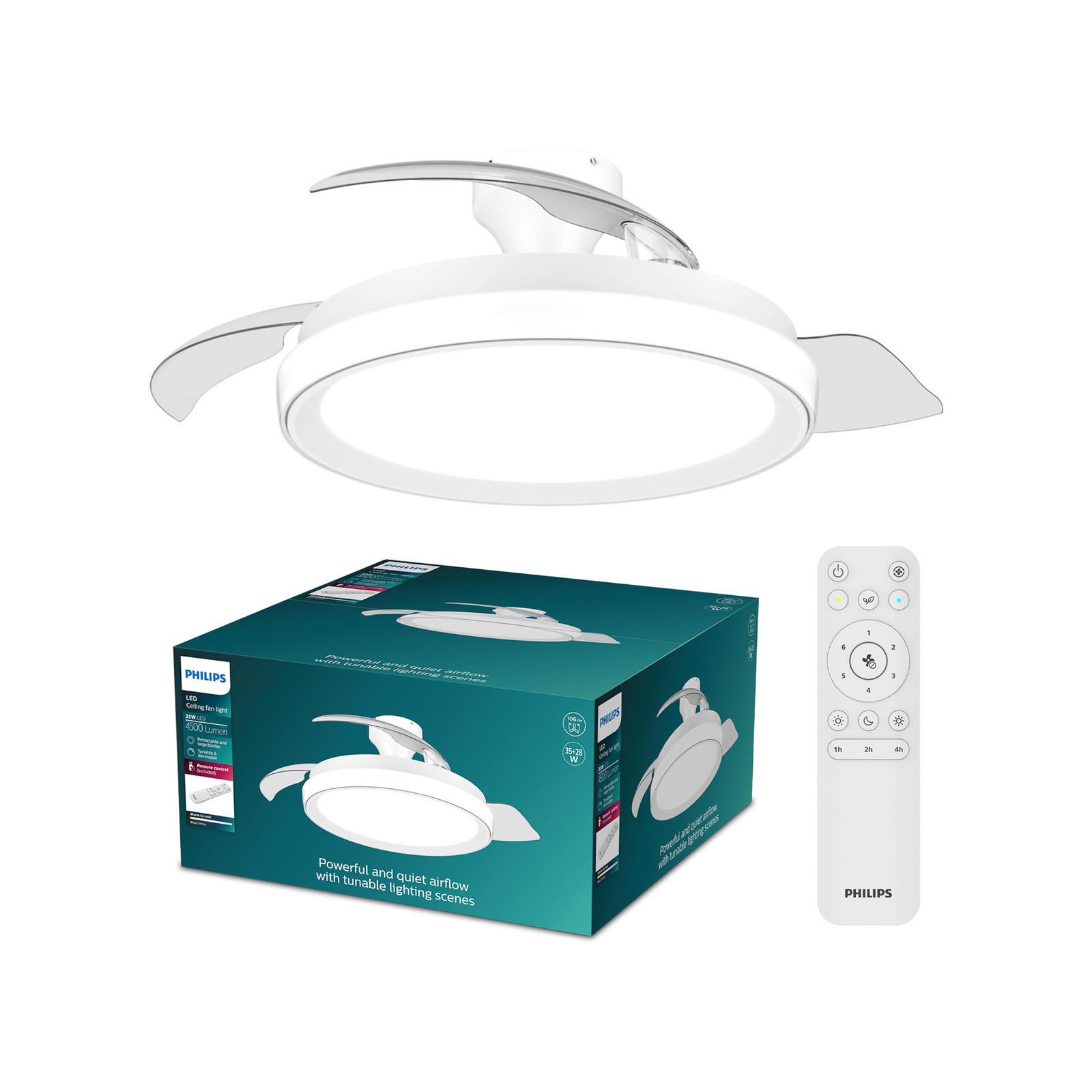 Wentylator sufitowy LED Philips Bliss, biały, zasilanie prądem stałym, cichy