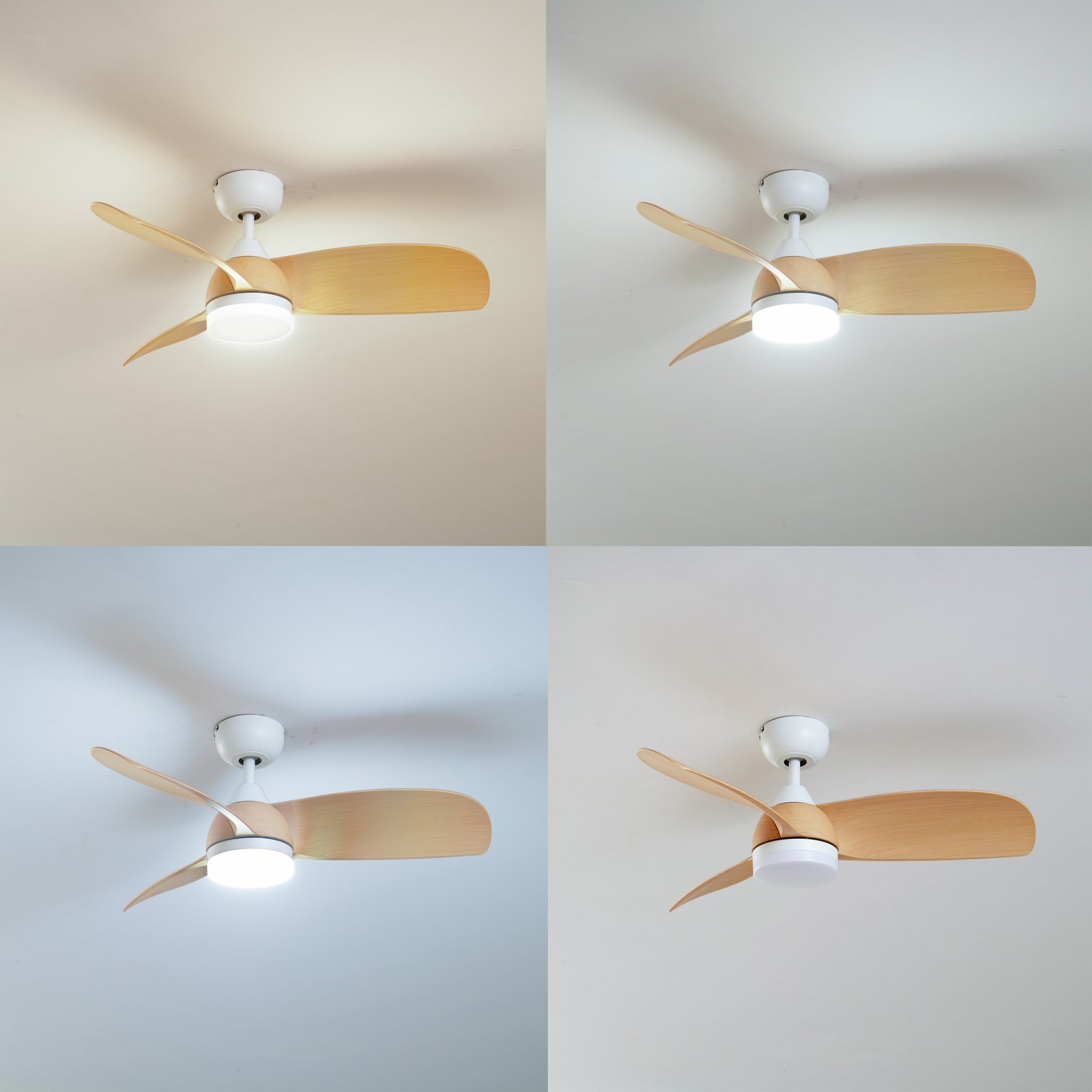Lindby LED-Deckenventilator Enon, weiß/holzfarben, DC, leise