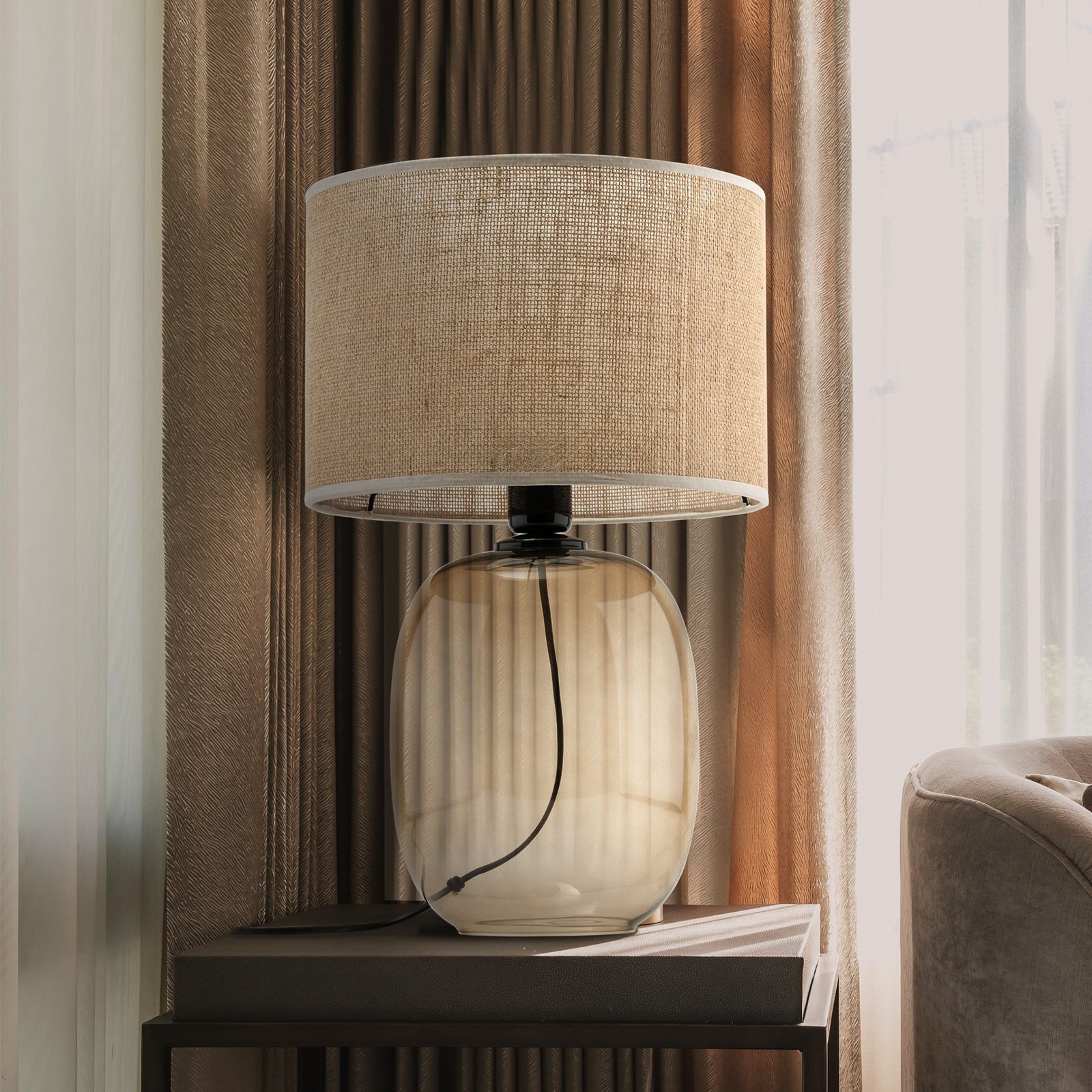 Lámpara de mesa Melody, altura 48 cm, cristal marrón, yute natural