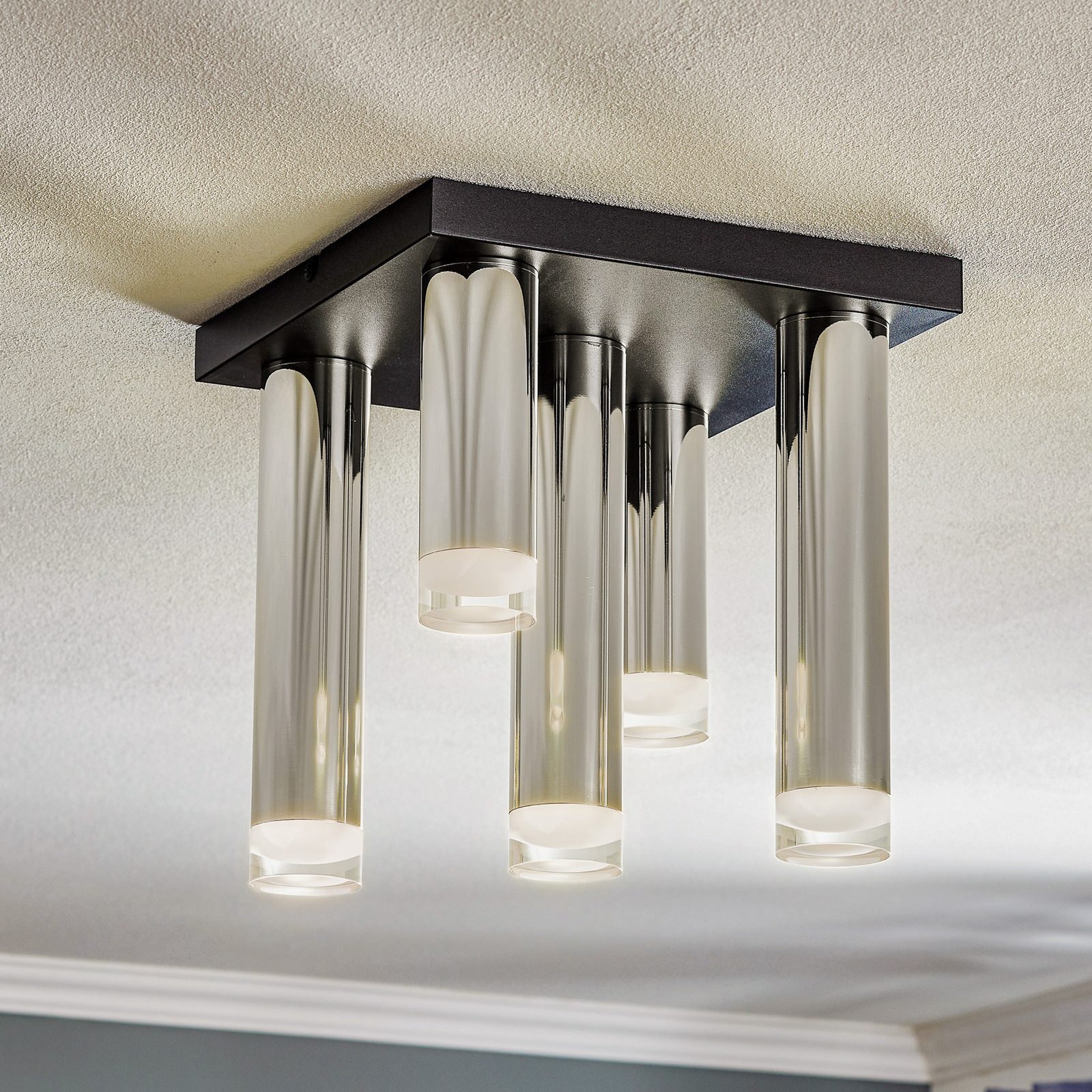 Shine loftlampe, 5 lyskilder, kvadratisk, krom