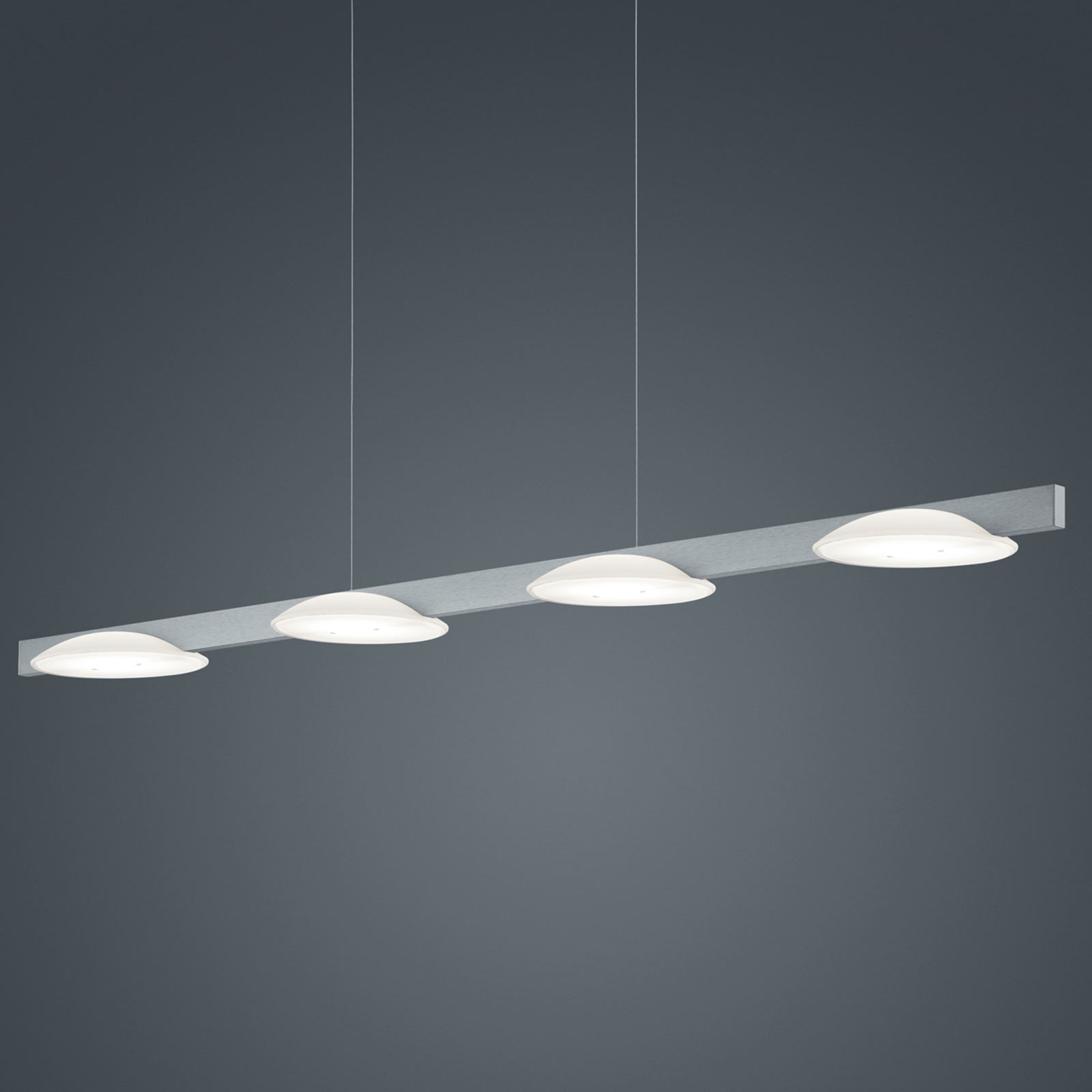 Helestra Pole LED pendant lamp 4-bulb nickel, for Living / Dining Room, anodised aluminium, glass, 9 W, energy efficiency: A+, L: 125.5 cm, W: 16.5 cm, H: 4 cm