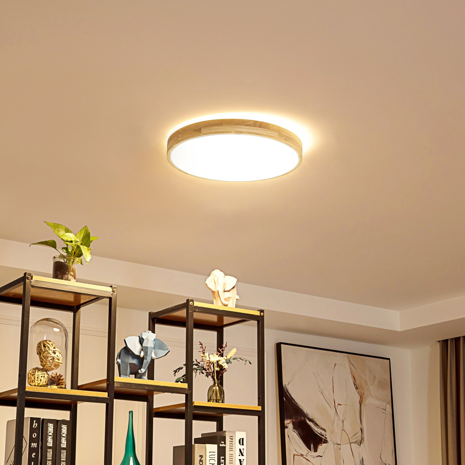 Lindby Innes stropné LED svetlo drevo Ø39 cm smart