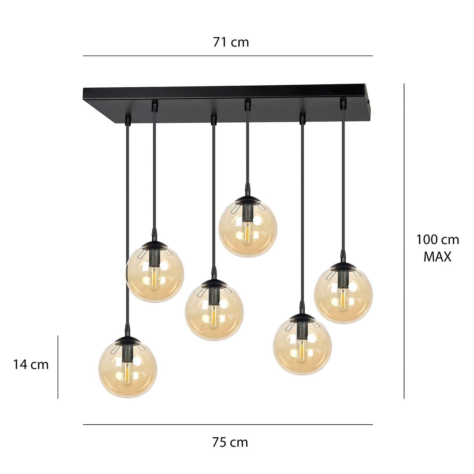 Emibig lighting üveges függőlámpa, 6 lámpás, fekete, borostyán, üveg, 75 cm