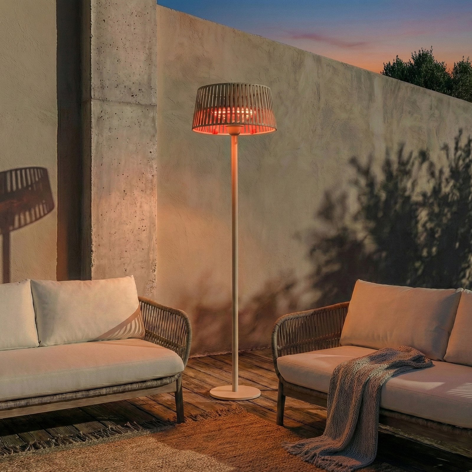 Lucande Calor infrared patio heater, beige, height 200 cm