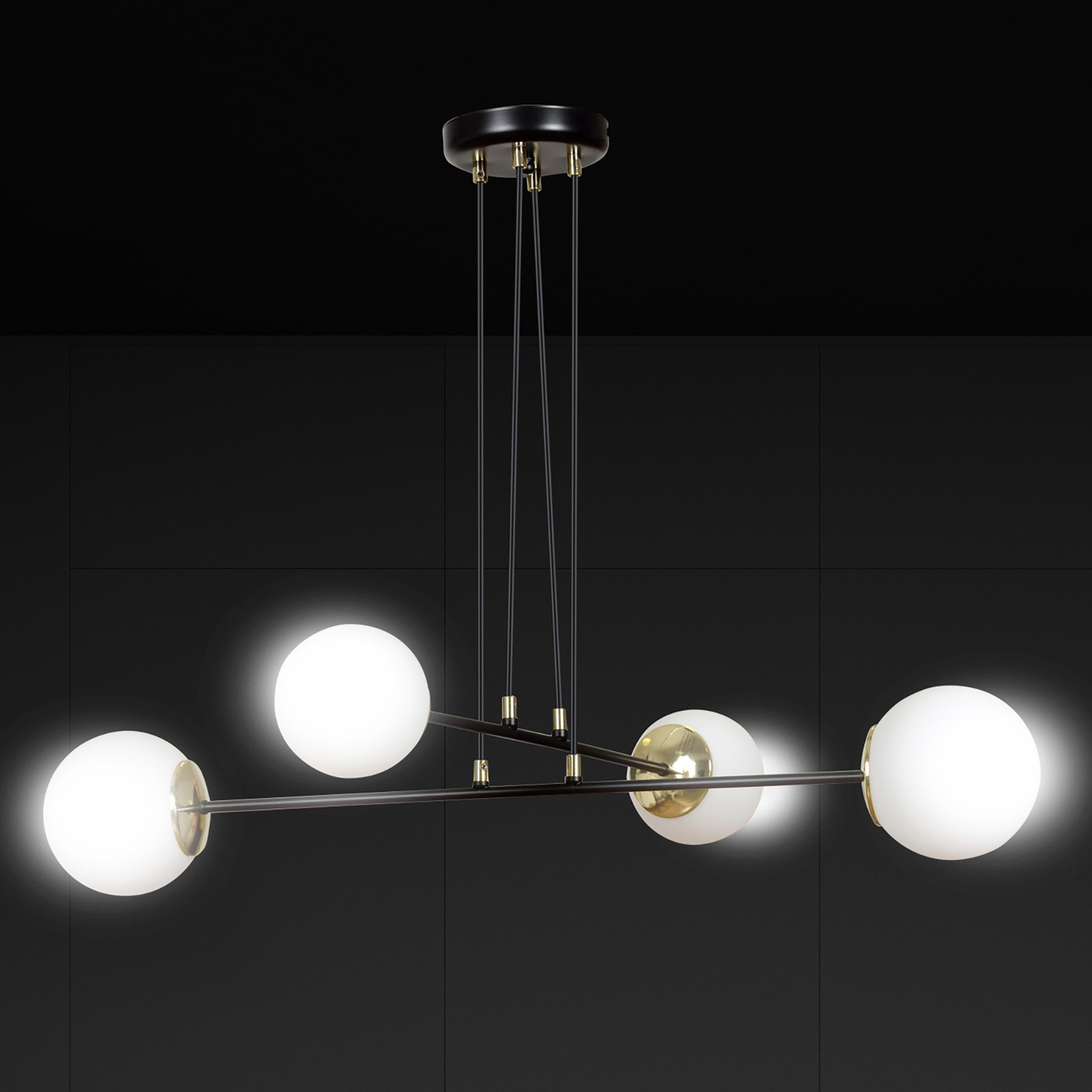 Ognis pendant light, black, opal glass, 4-bulb