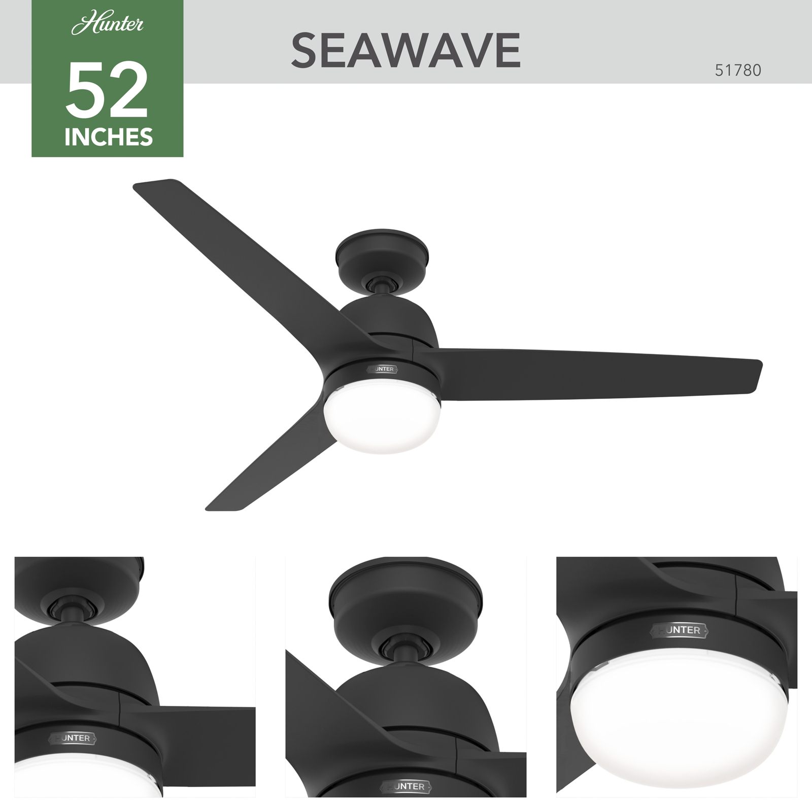 Hunter SeaWave -kattotuuletin, lamppu, IP44, musta
