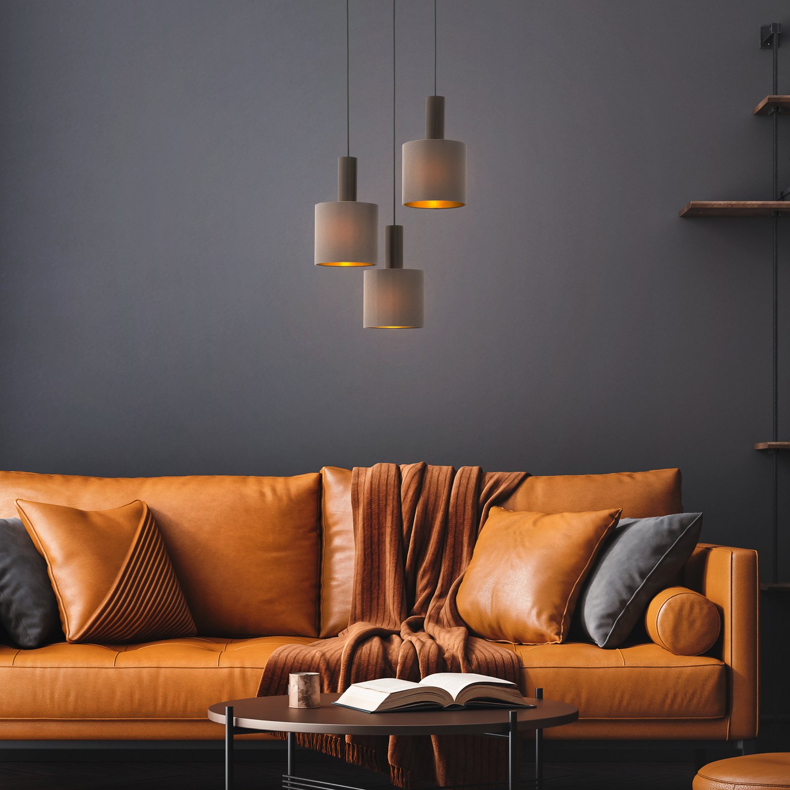 Concessa pendant lamp, 3-bulb, cappuccino/gold