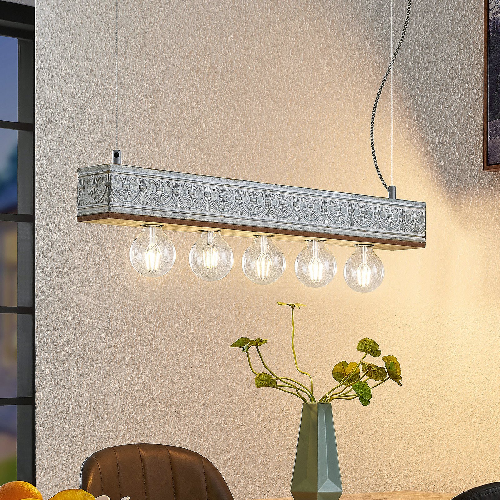 Lindby Mella lampă model ornamental 5 becuri - Camera de zi / sufragerie - Vintage - lemn deschis alb antic galvanizat