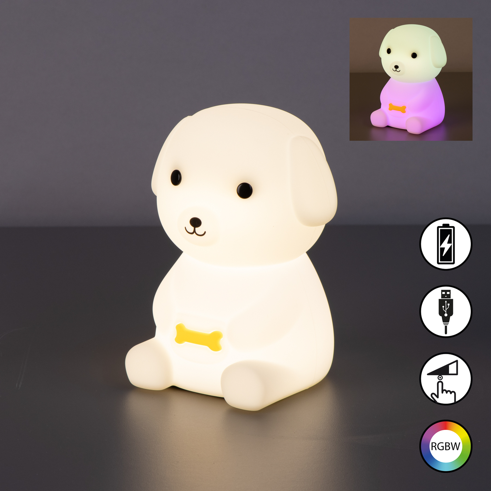 LED schemerlamp Puppy, hond, wit, RGB, dimbaar