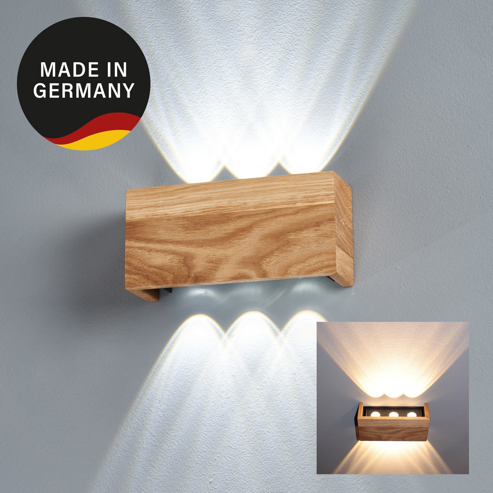 LED wall lamp Shine-Wood, width 21 cm, oak/black, wood