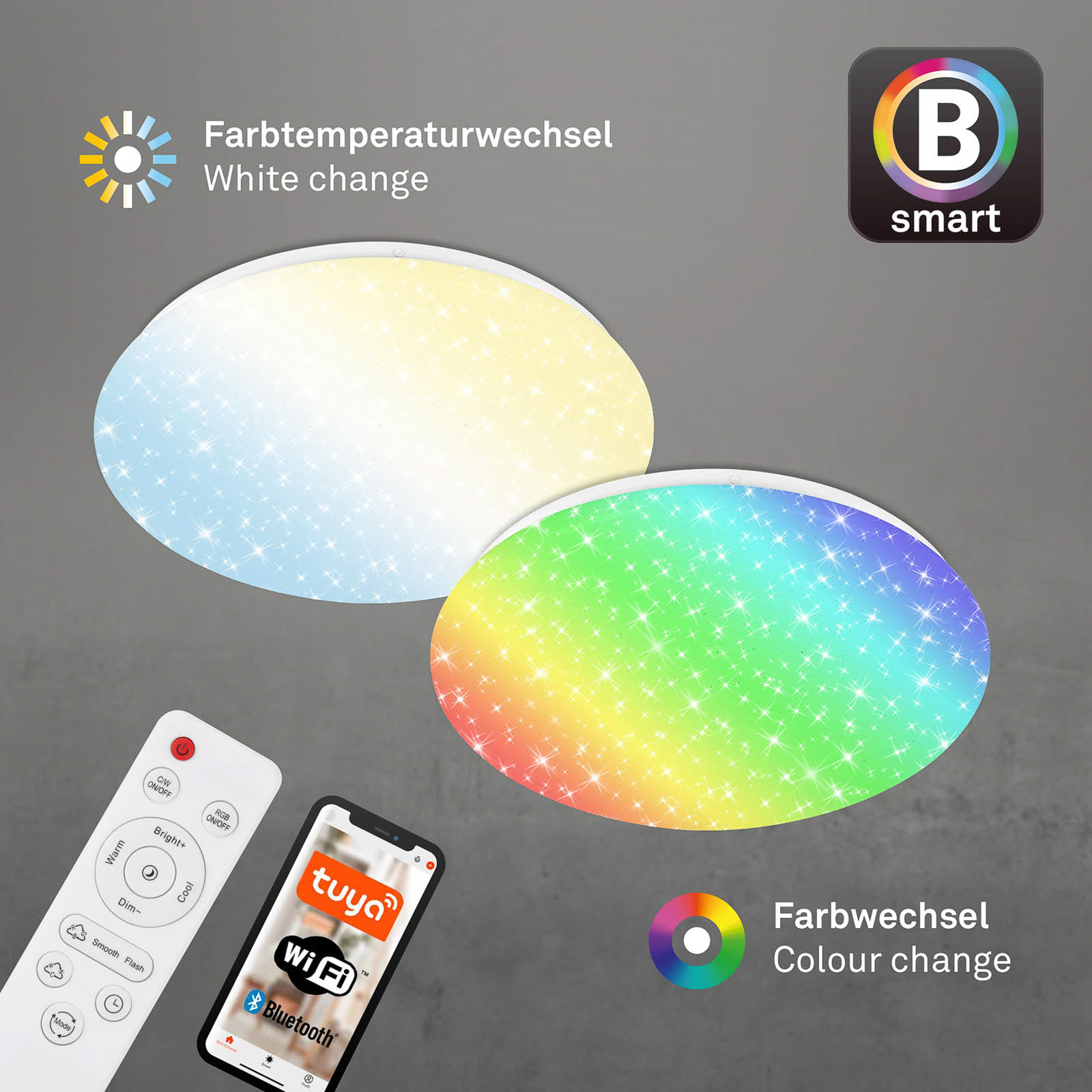 LED-taklampa Barny S, dimbar, CCT, RGB