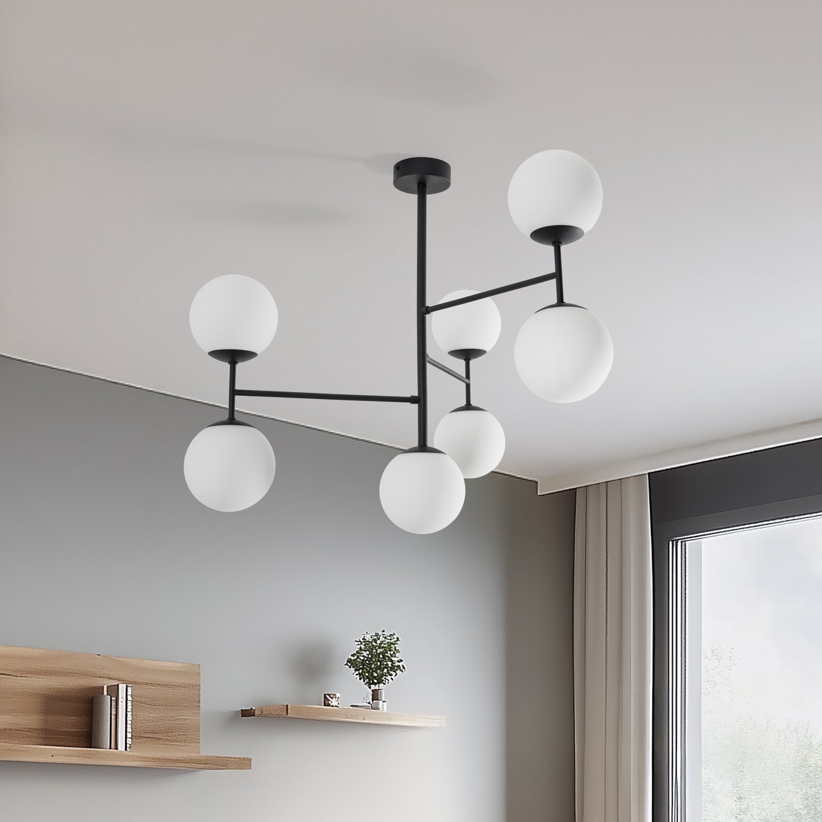 Lámpara de techo Korek, negro/blanco, cristal, 75 cm, 7 luces, E14