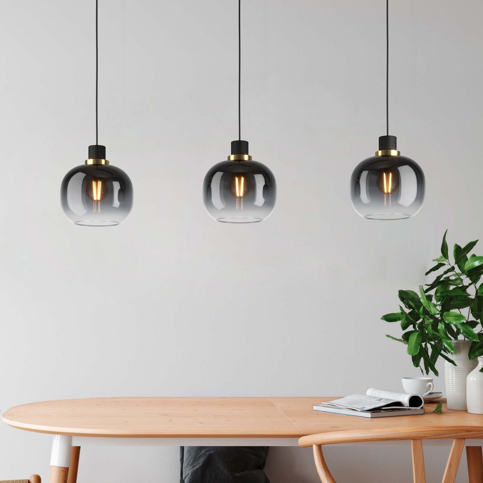 Hängelampe Oilella, schwarz-grau, Länge 95 cm, Glas, 3-flg.