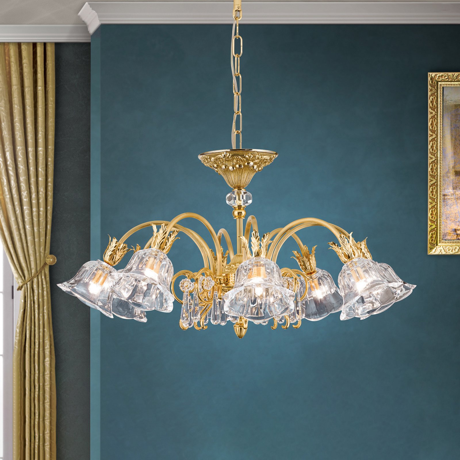 Kaisa glossy gold ceiling light with 8 bulbs