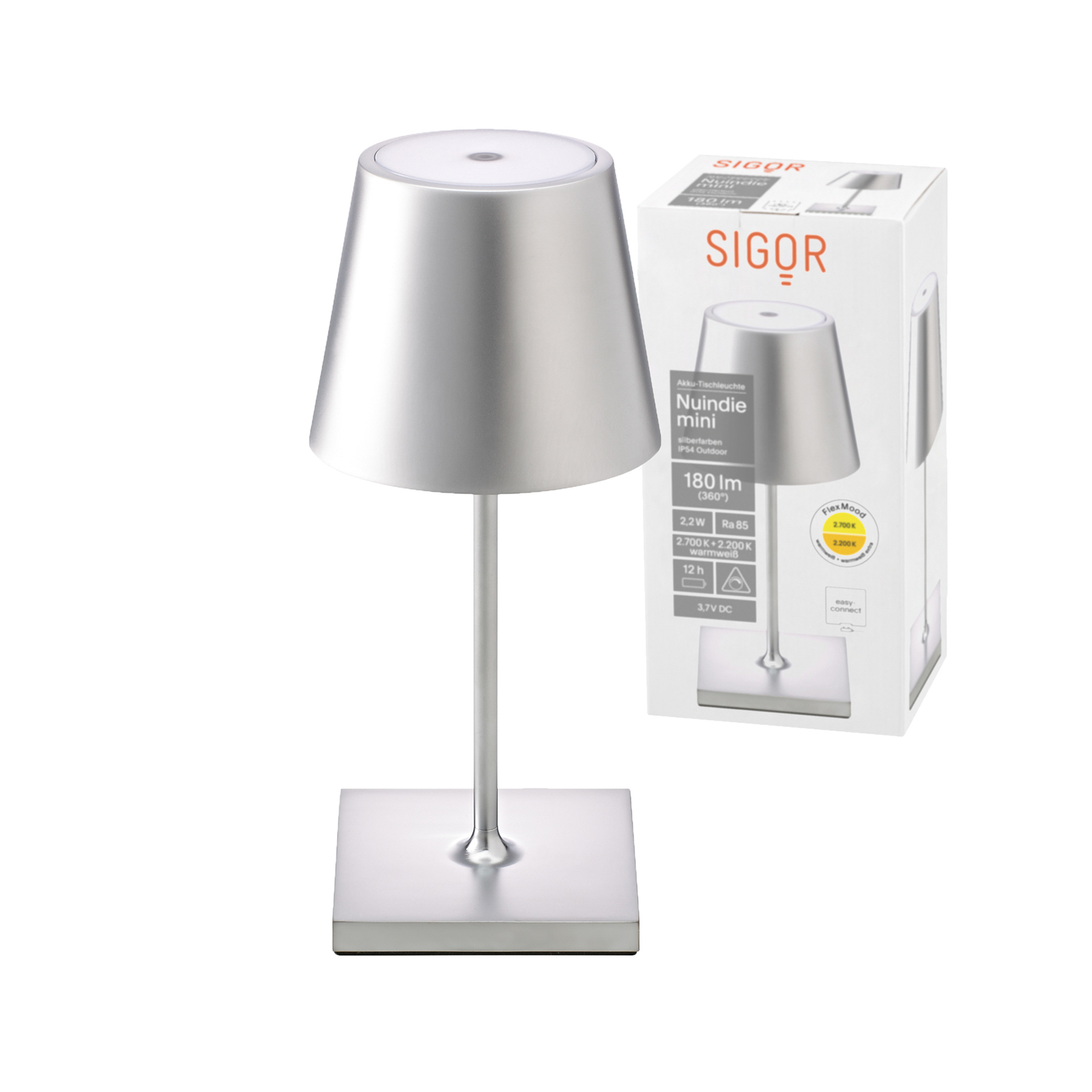 Nuindie mini lampă de masă reîncărcabilă cu LED, rotundă, USB-C, argintie