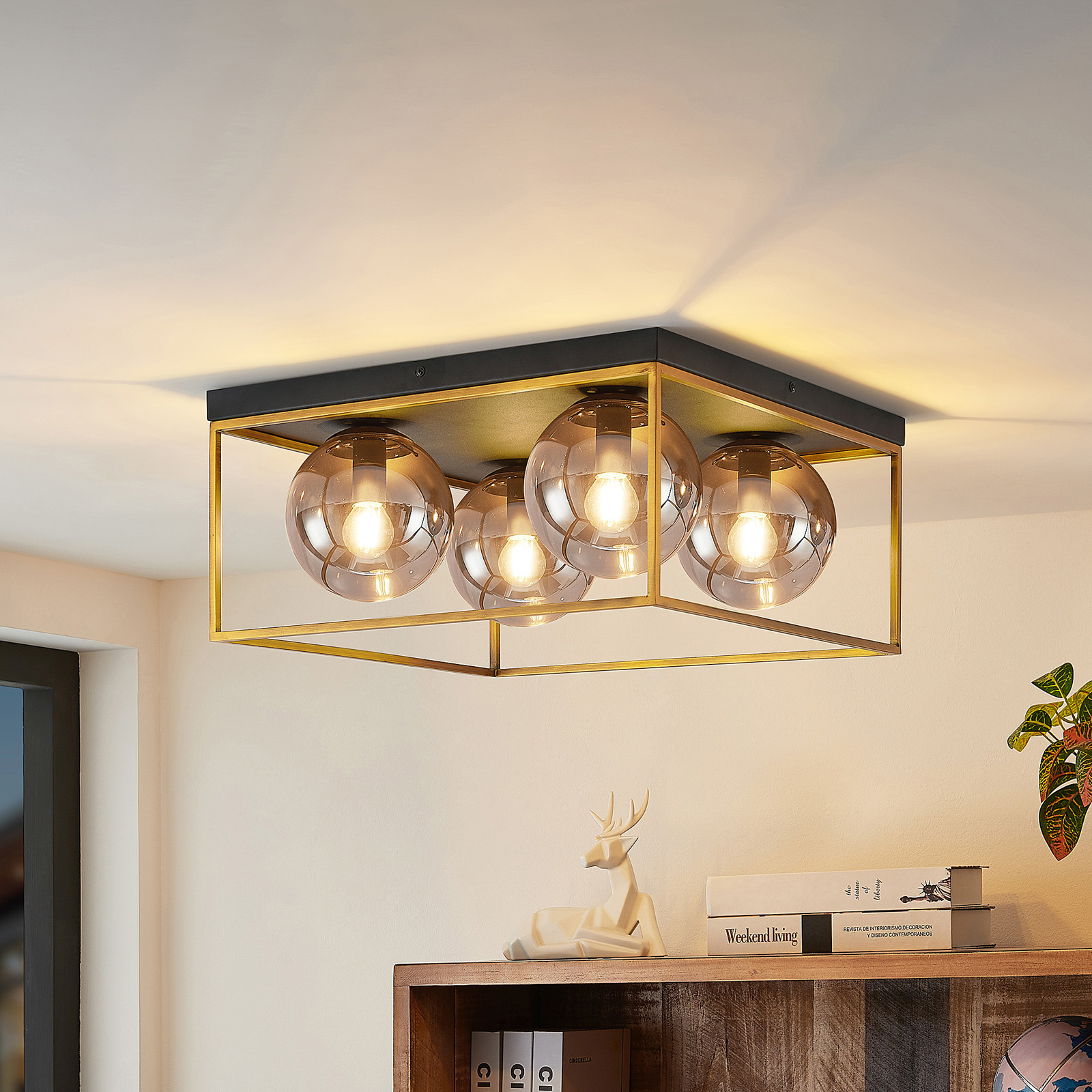 Lindby Josipa plafondlamp, kooi, rookglas, 4-lamps