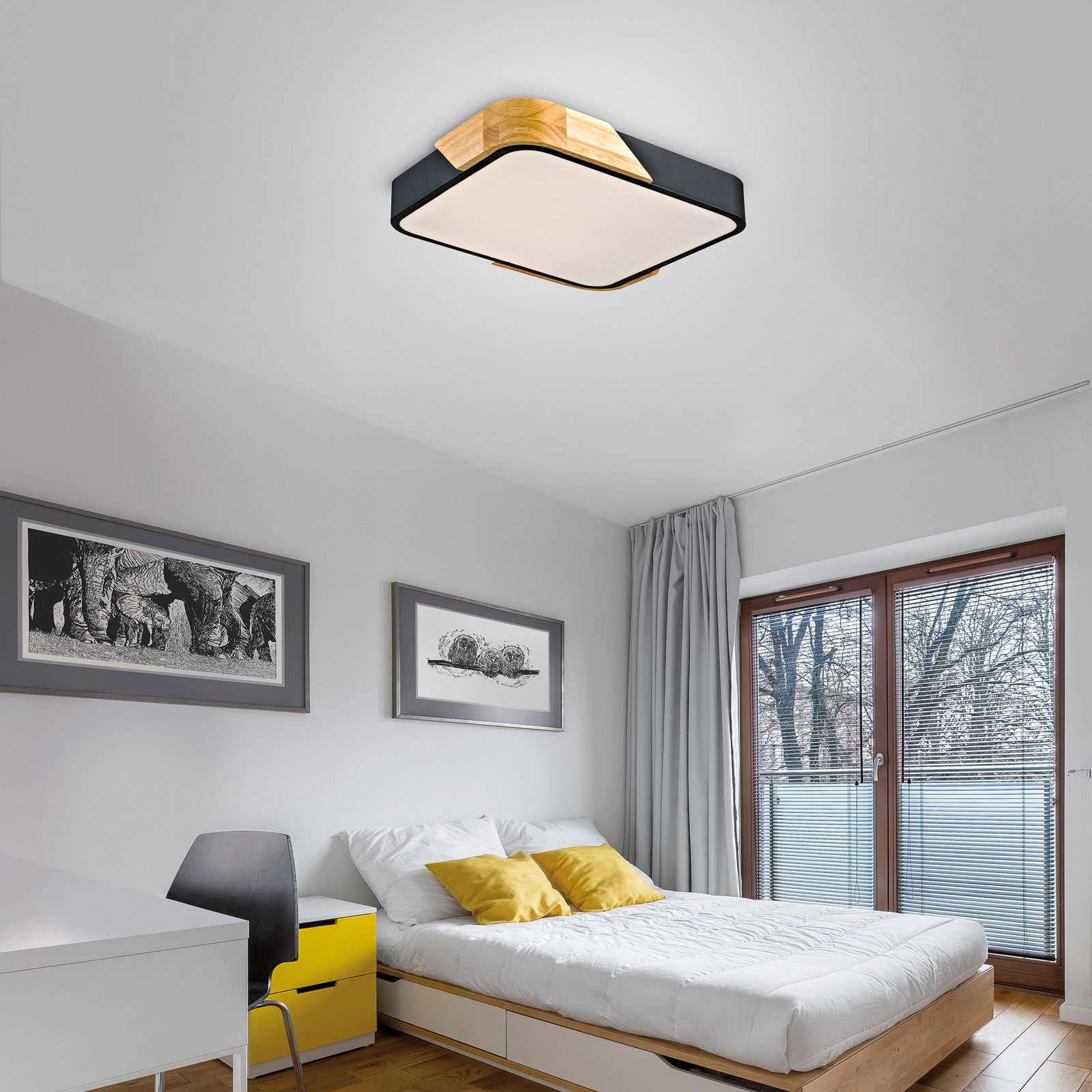 JUST LIGHT. LED ceiling light Bila, black, 32x32 cm, wood