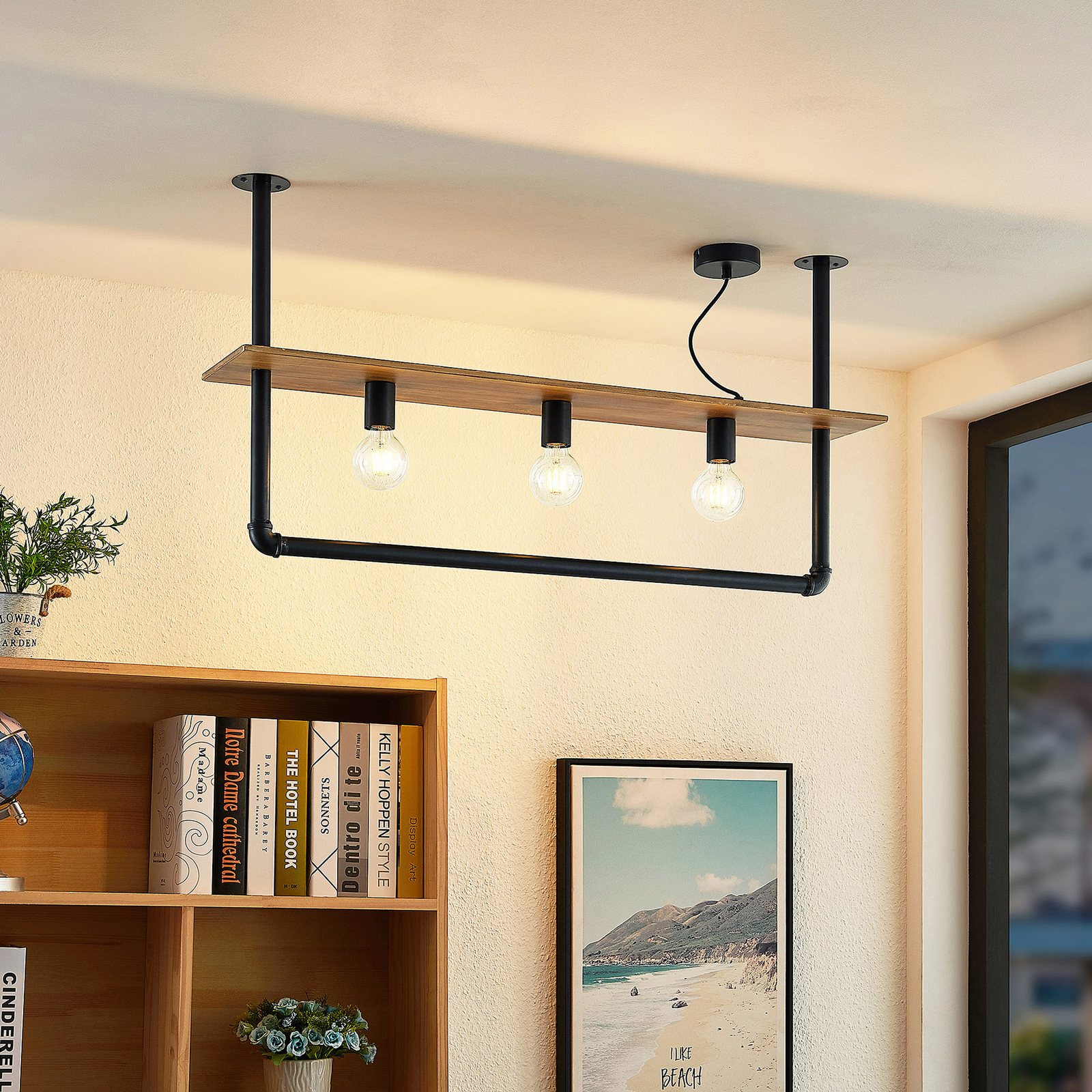 Lindby Kirista ceiling light, 3-bulb, black, wood, 100 cm