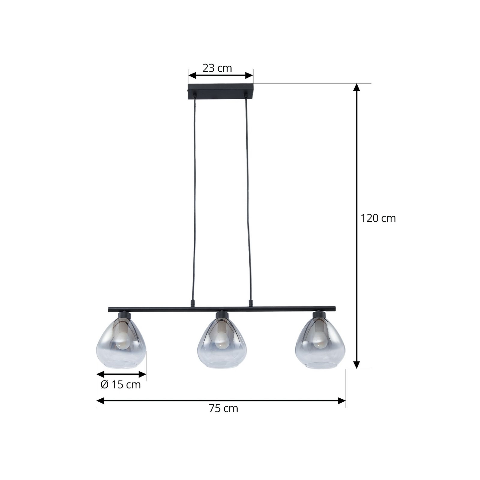 Viseća lampa Lindby Pendura, crna, staklo, dužina 75 cm