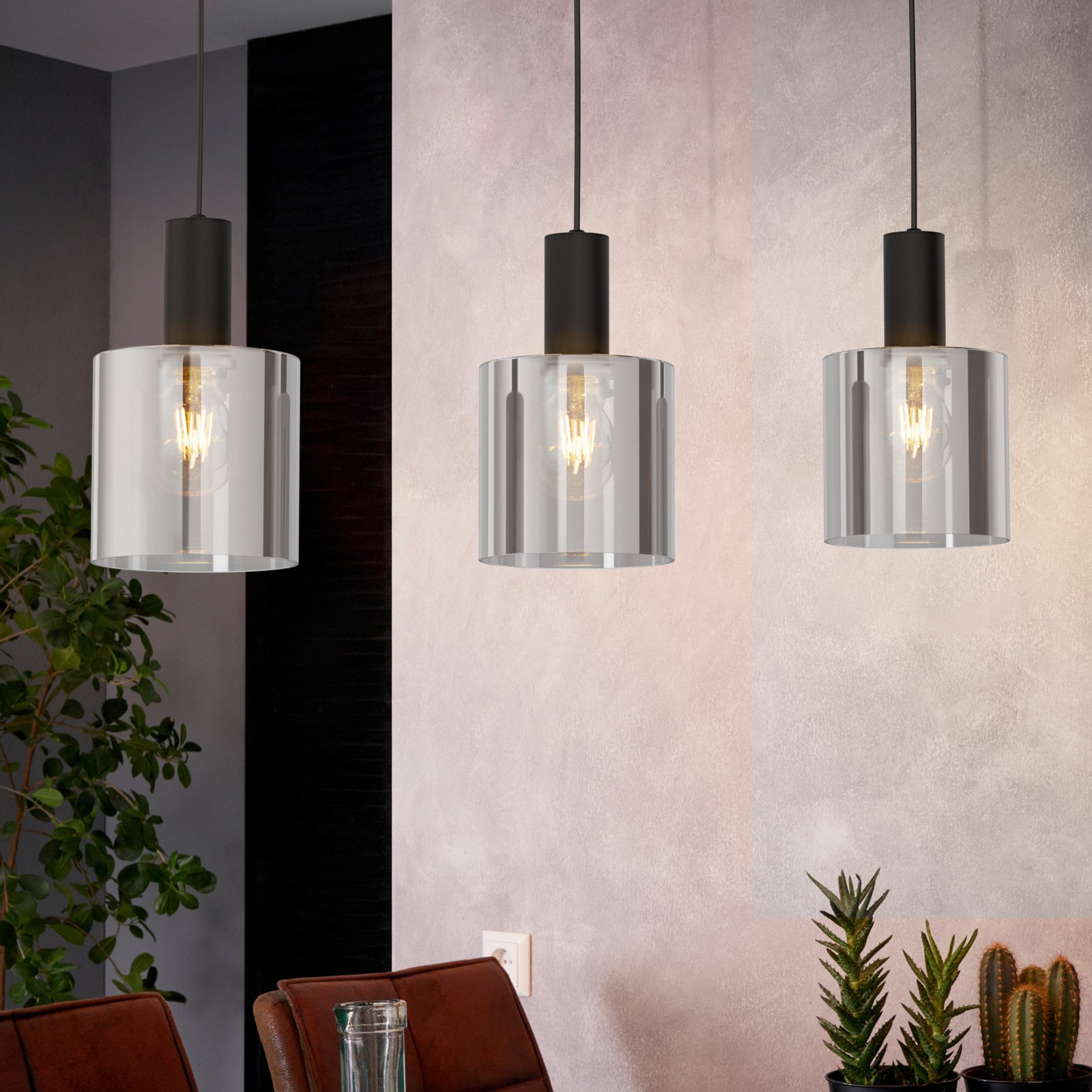 Hängelampe Gorosiba, schwarz, Länge 85 cm, Stahl/Glas, 3-flg