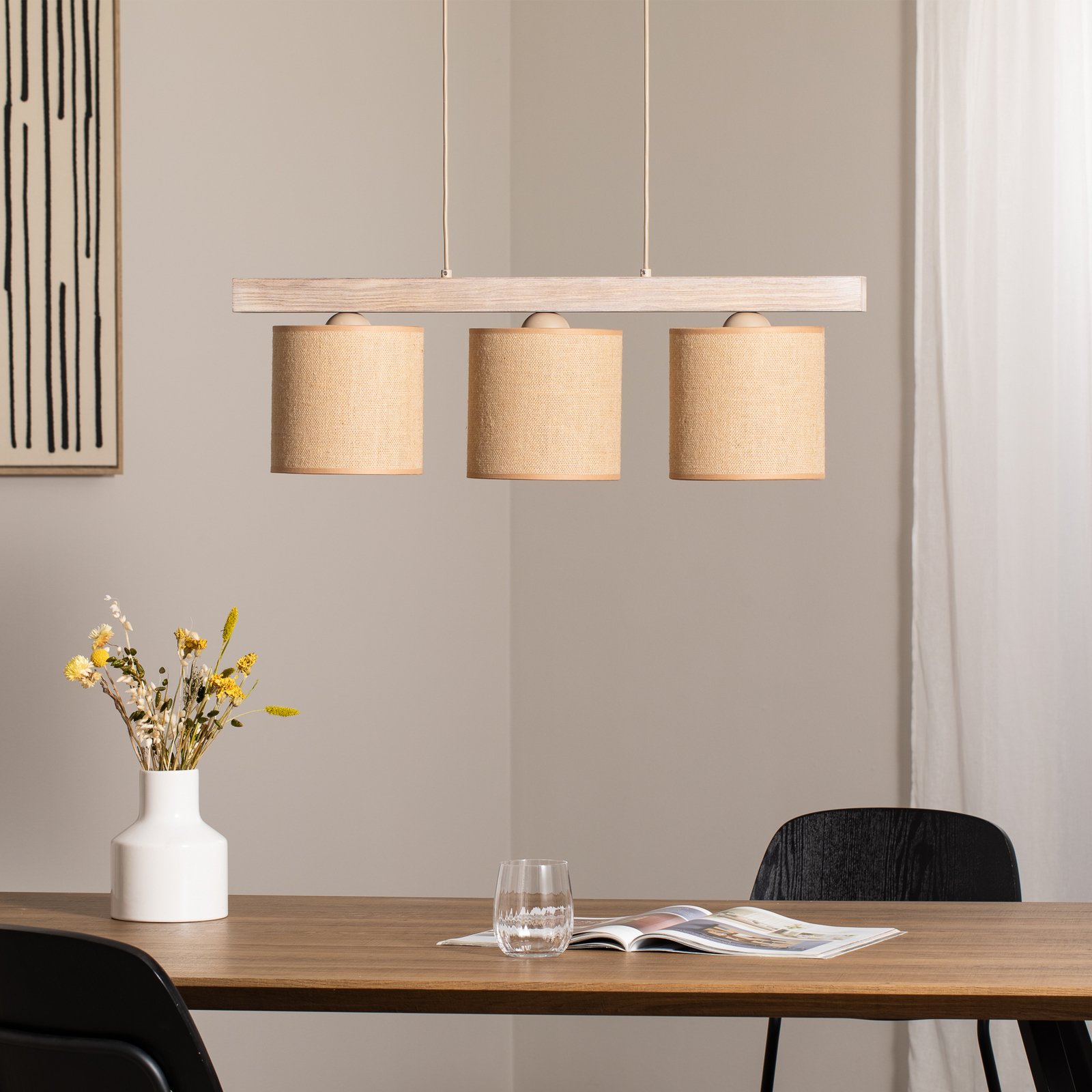 Forest pendant light, 3-bulb, light wood, natural jute
