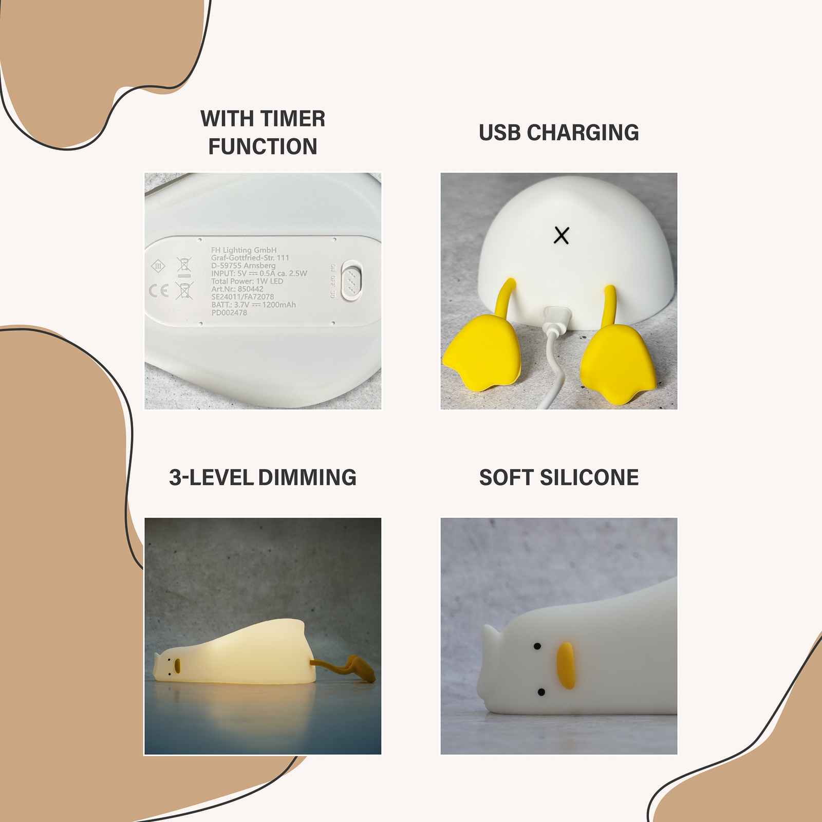 Lampe de chevet LED à accu Ducky, canard, blanc, minuterie, intensité