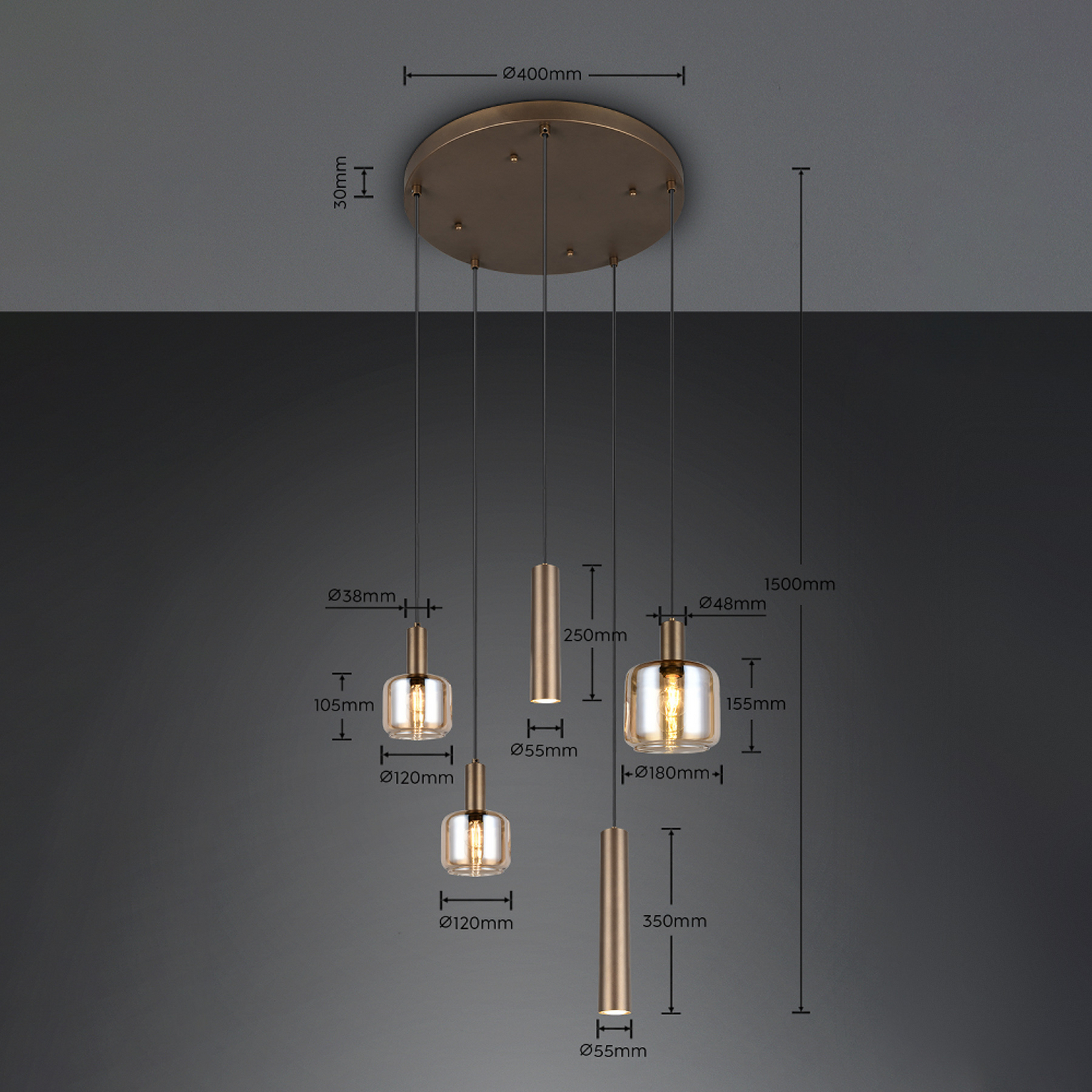 Piekaramā lampa „Mataro“, smilškrāsā, Ø 55 cm, 5 spuldzes, stikls/metāls