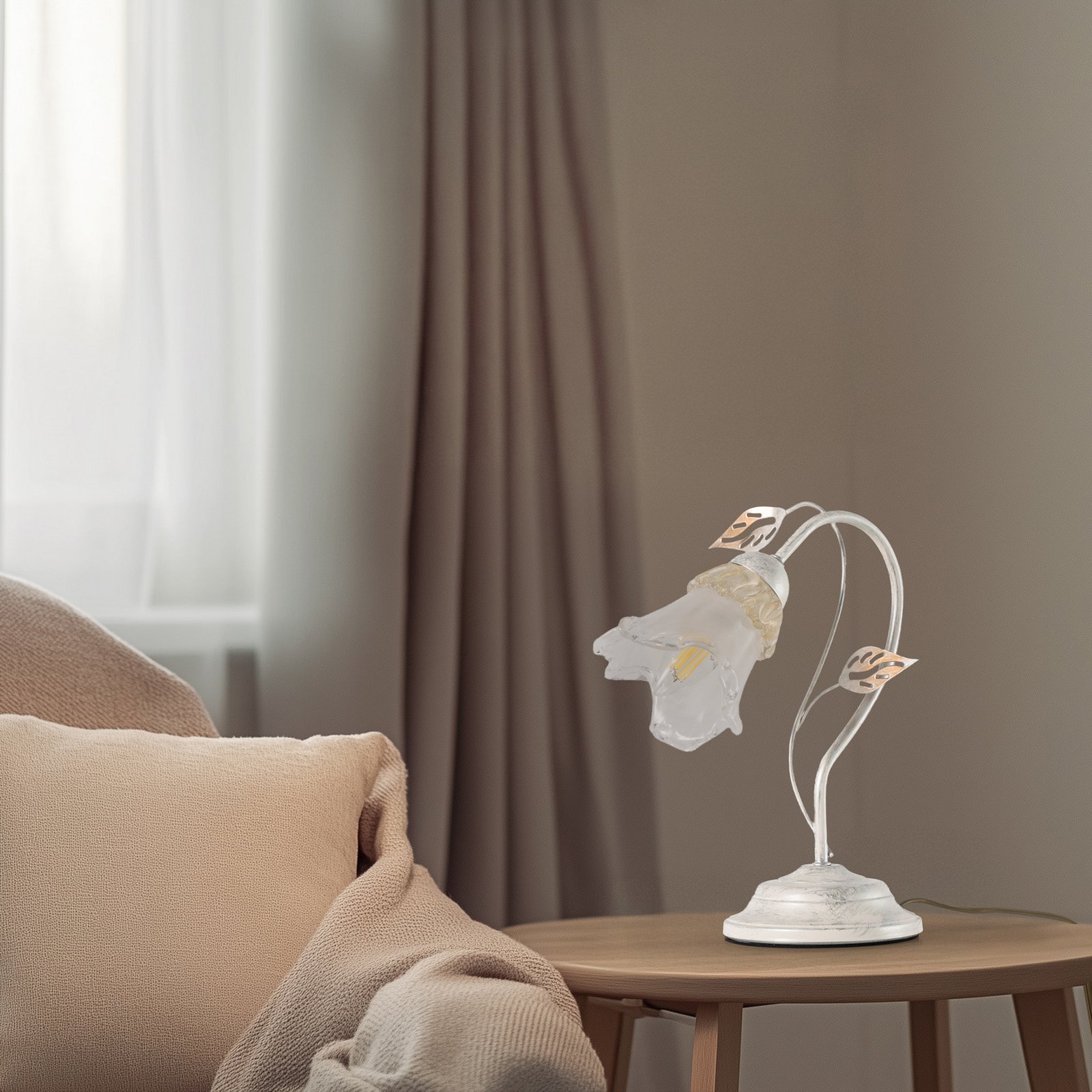 Namizna svetilka Lancia, slonokoščene barve, 1-svetlobna, železo, steklo