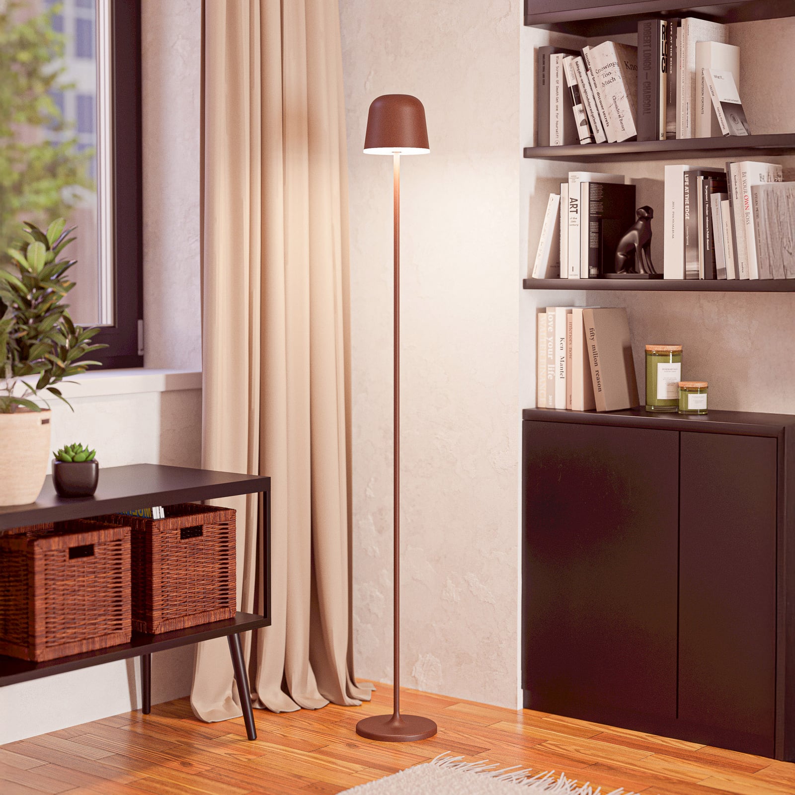 LED akumulátorová terasová lampa Mannera-L, barva rez, výška 140 cm