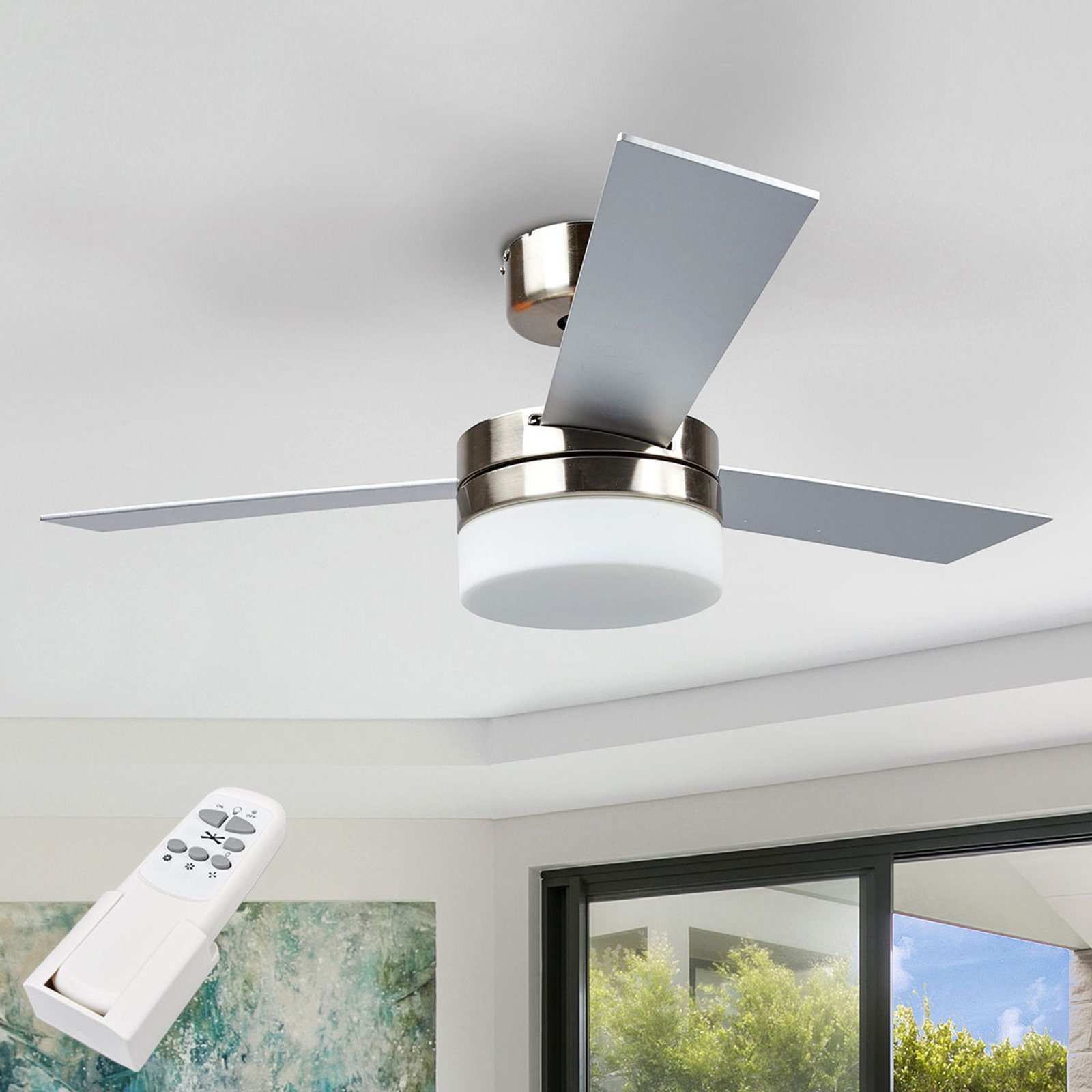 Lindby Alvin three-blade ceiling fan with light, for Living / Dining Room, MDF, glass, metal, E14, 40 W, energy efficiency: A++, H: 30.5 cm