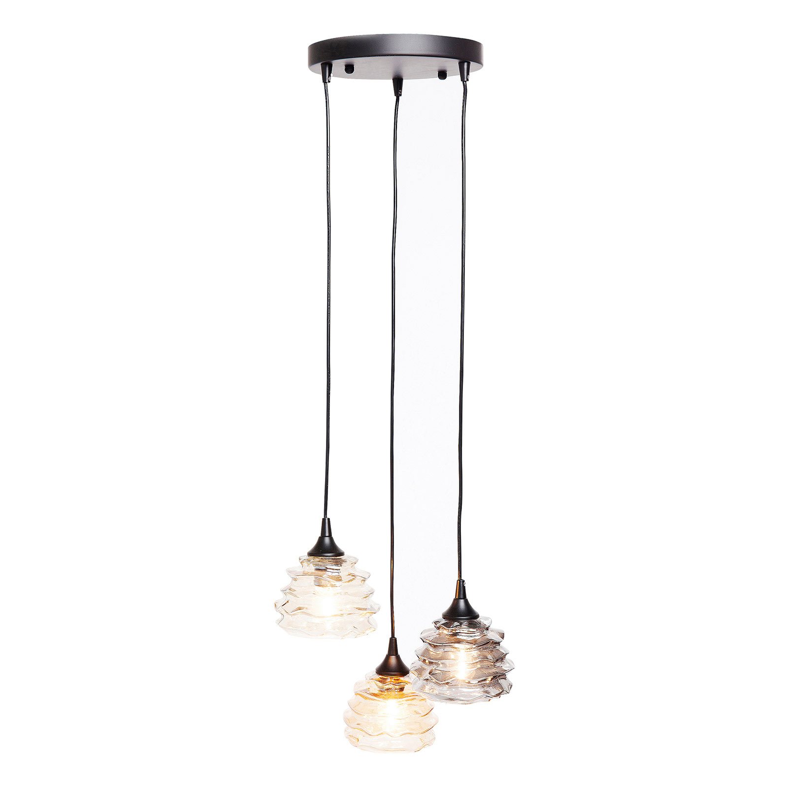 Kare KARE Ruffle Visible hanging lamp three-bulb round, for Living / Dining Room, glass, E27, 40 W, energy efficiency: A++