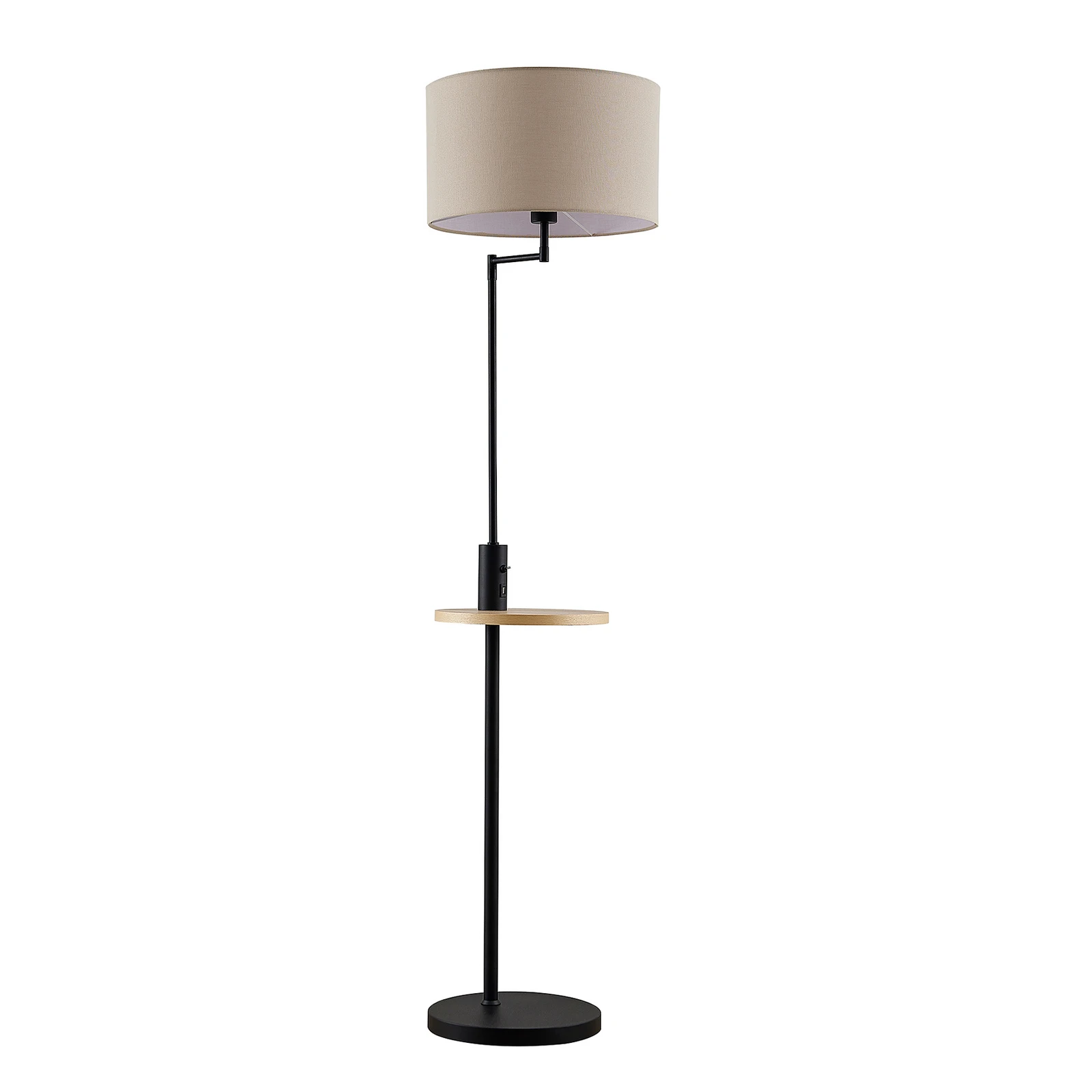 Lindby podna lampa Zinia, crna, polica, USB port